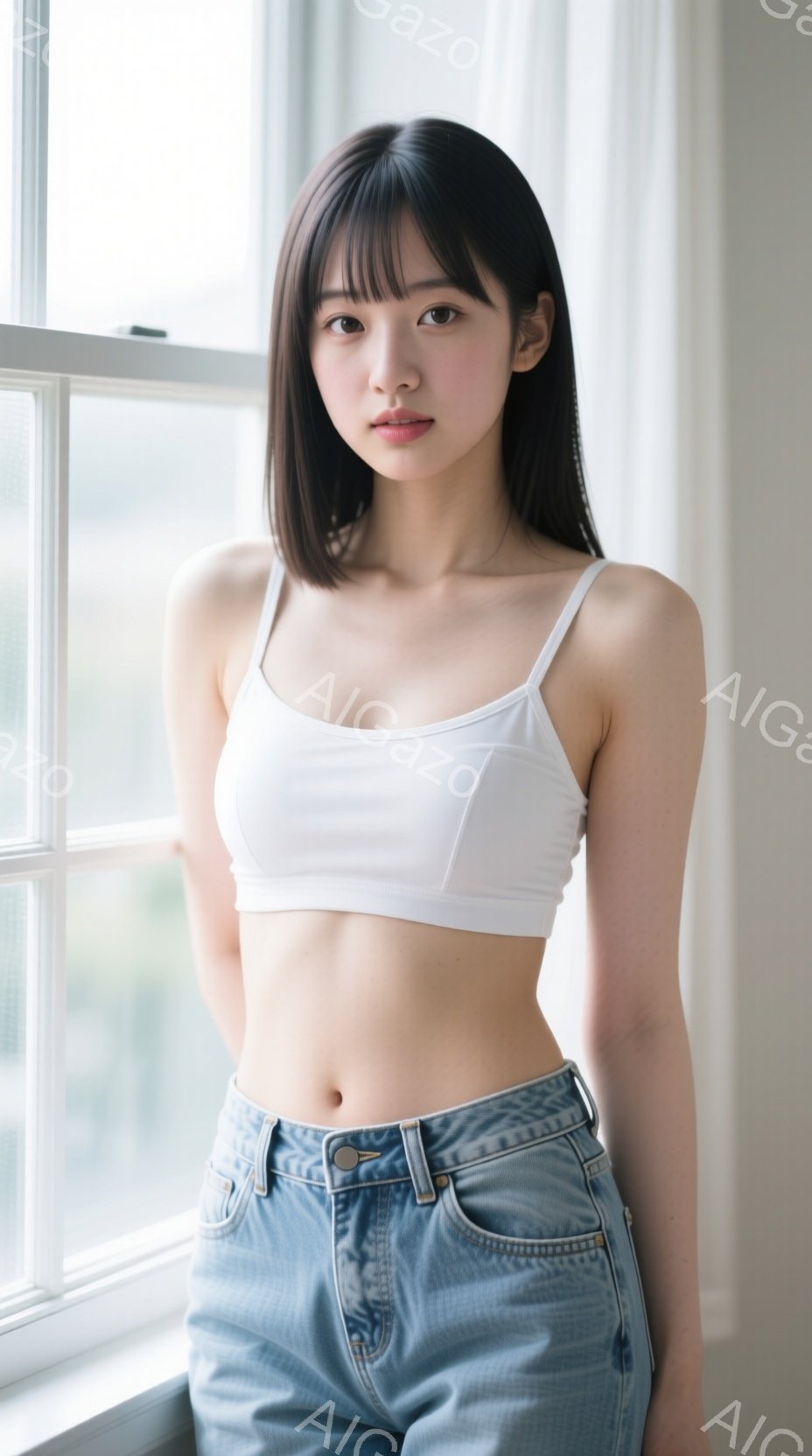 長い黒髪を肩のあたりで切り揃えた女性が、白いタンクトップと水色のジーンズを身につけて立っている。彼女はまっすぐ前を向き、わずかに微笑んでいる。背景には窓と、ぼやけた都市の風景が見え、全体的に明るく清潔 - AI生成フリー素材