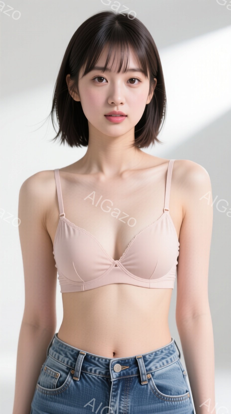 画像は、短い茶色の髪と穏やかな表情の若い女性が写っています。彼女はデニムのジーンズと、薄いピンク色のブラレットを身に着けており、正面を向き、わずかに微笑んでいます。背景は白く、モデルに焦点が当てられて - AI生成フリー素材