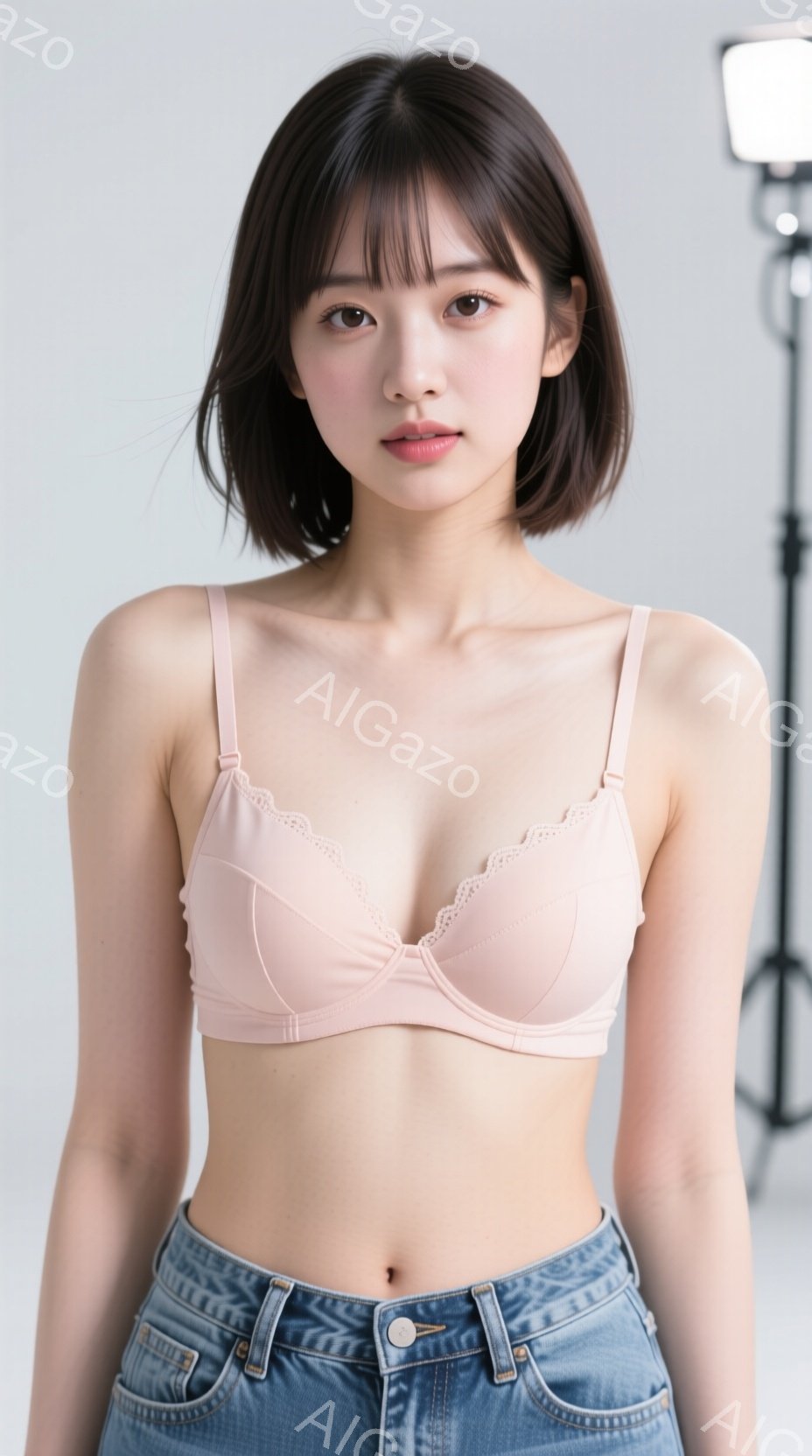 この女性は、薄いピンク色のブラと、ハイウエストのデニムジーンズを着用しています。彼女は肩までの長さのダークブラウンのヘアスタイルで、わずかに微笑んでいます。背景は白で、プロ仕様の撮影用の照明機材が見え - AI生成フリー素材