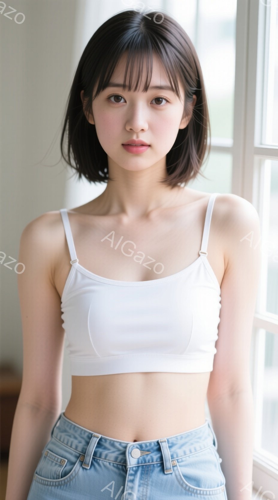 画像は、肩出しの白いタンクトップと、ハイウエストのデニムショートパンツを着用した若い女性を捉えています。彼女は黒髪のショートボブで、穏やかで微笑ましい表情を浮かべています。背景はぼやけた窓辺で、柔らか - AI生成フリー素材
