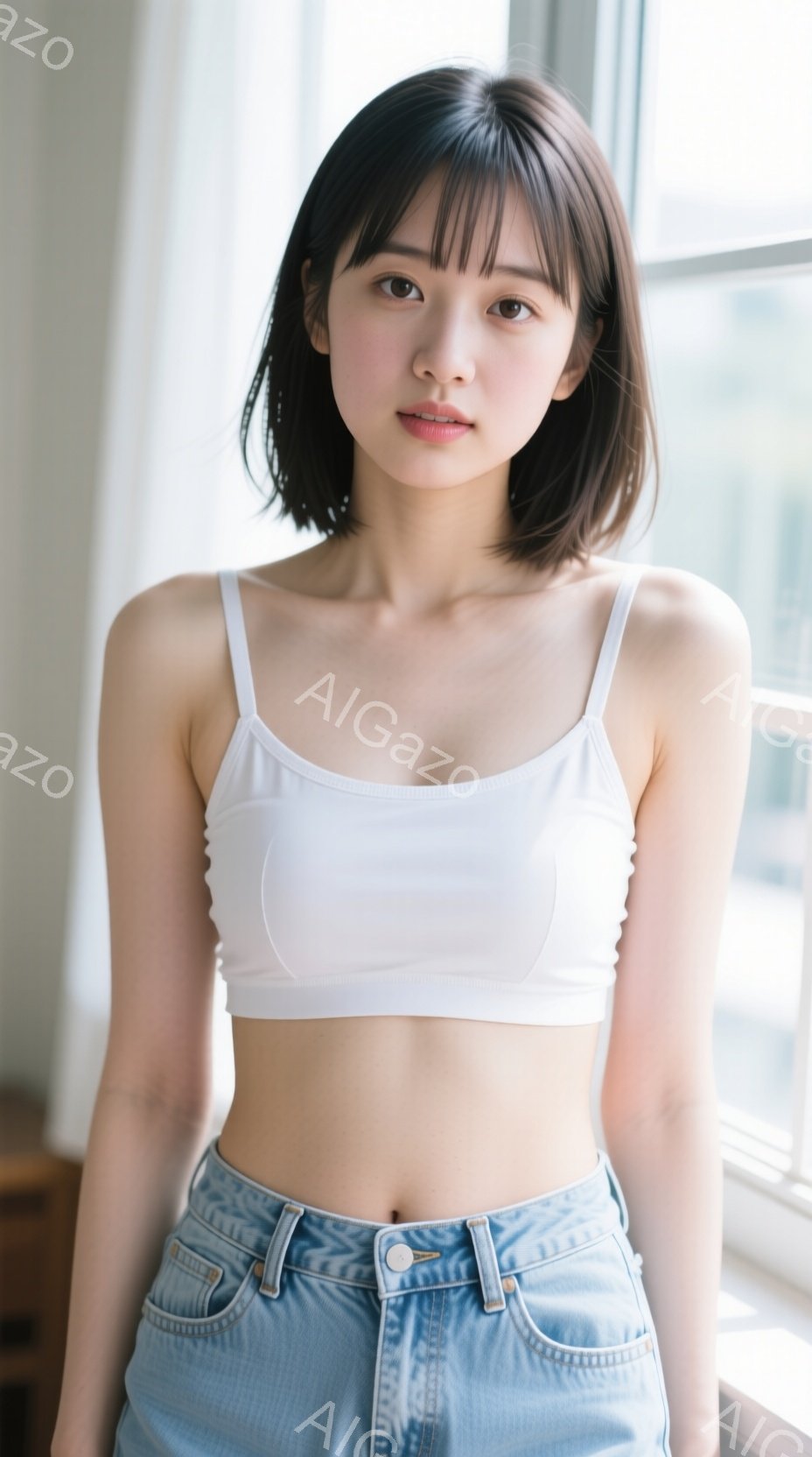 若い女性が白いタンクトップと水色のジーンズを身につけ、窓の近くで立っています。彼女は黒いショートヘアで、穏やかで控えめな表情をしています。背景にはぼやけた室内と窓の外の建物が見え、全体的に明るく自然な - AI生成フリー素材