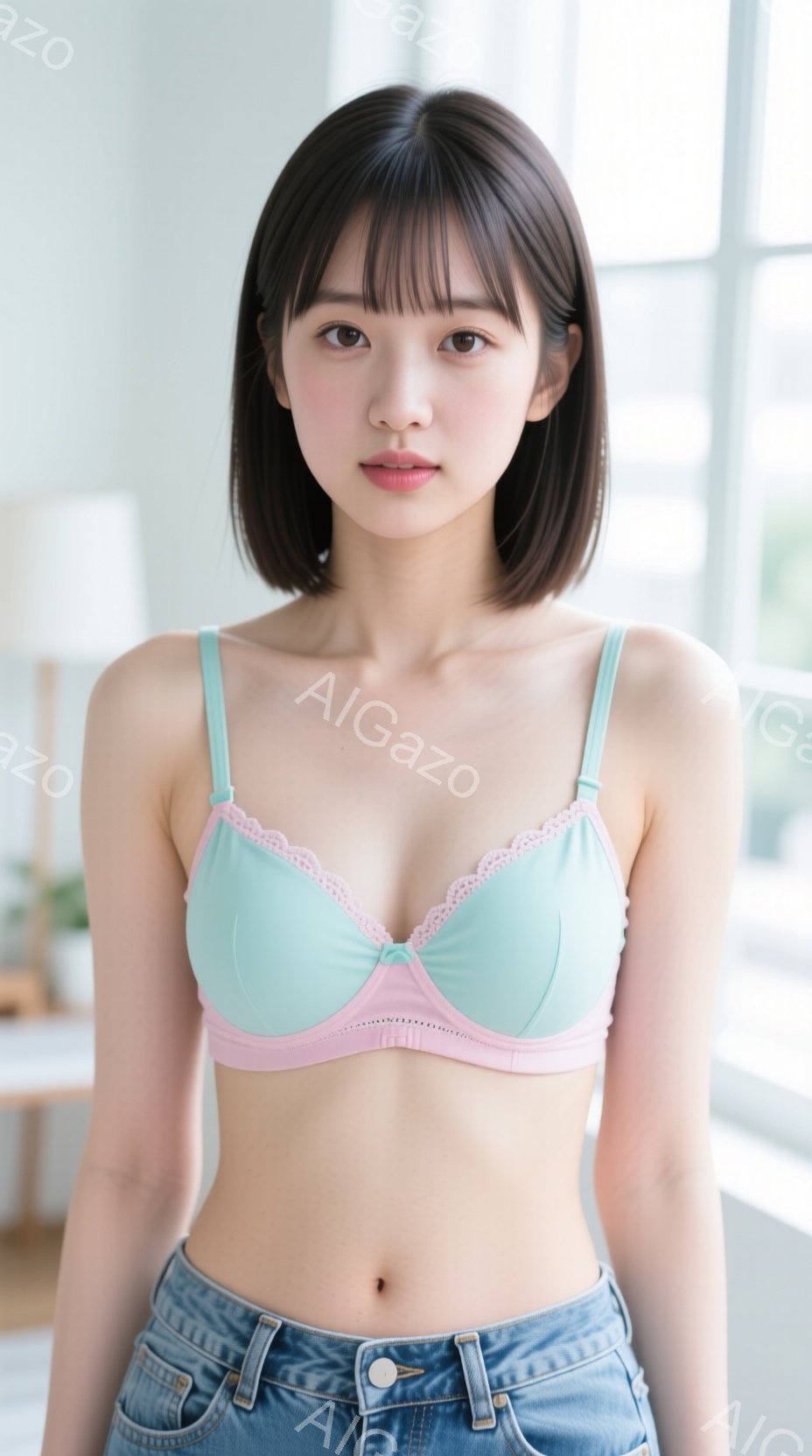 若い女性が、薄い水色のブラトップにピンクの縁取り、そして濃い色のデニムのジーンズを着用しています。彼女はストレートで肩にかかる長さの黒髪で、穏やかな表情をしています。背景は明るい室内で、植物や家具が見 - AI生成フリー素材