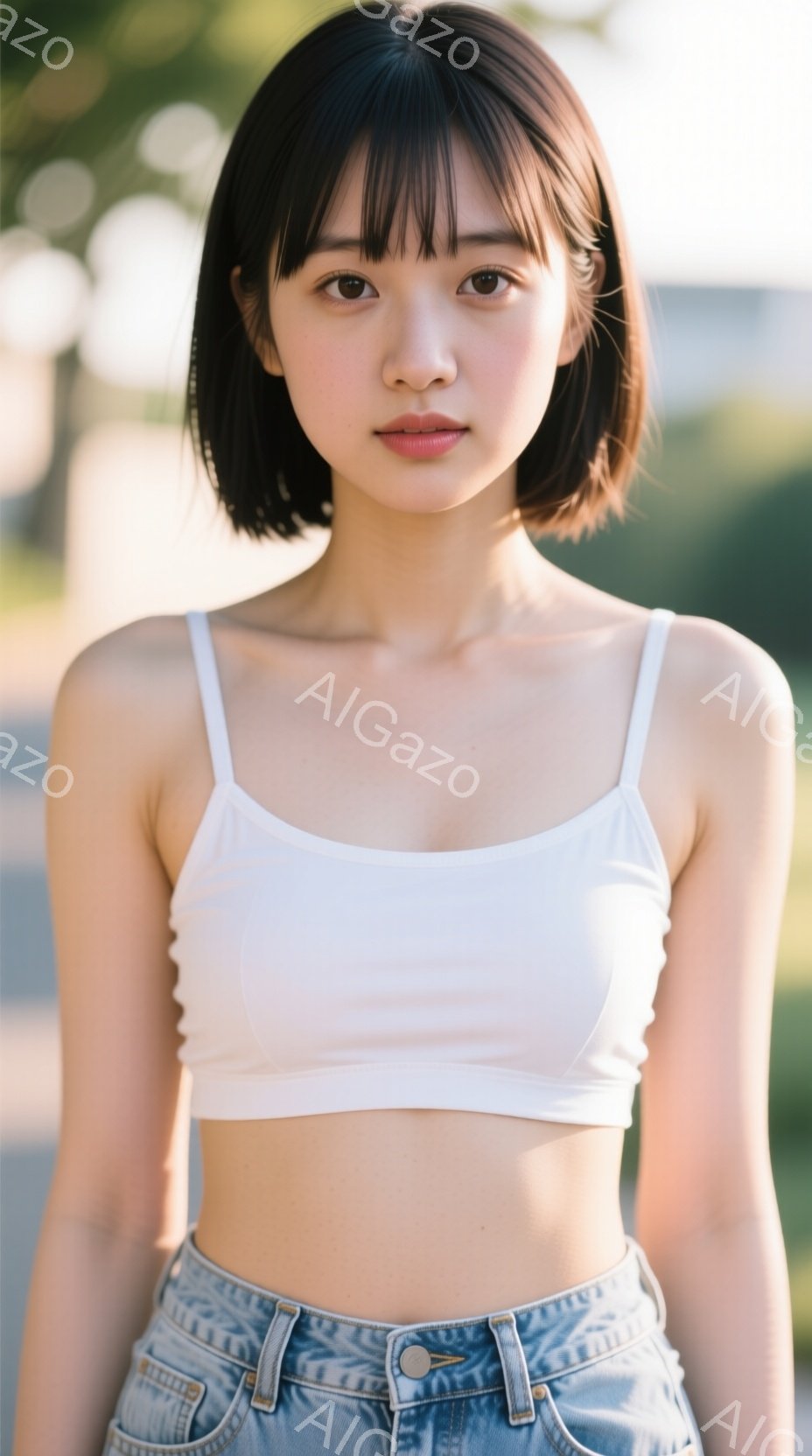 若い女性が、白いキャミソールとハイウエストのデニムジーンズを身に着けて立っています。彼女は短いボブヘアで、穏やかで落ち着いた表情をしています。背景にはぼやけた建物と緑が見え、日差しが柔らかく、全体的に - AI生成フリー素材