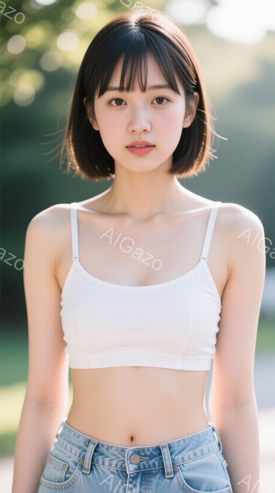 画像は、肩出しの白いタンクトップと、ハイウエストのデニムジーンズを着た若い女性を正面から捉えています。彼女はダークブラウンのボブヘアで、穏やかな表情をしています。背景には緑豊かな木々が見え、自然光が優 - AI生成フリー素材