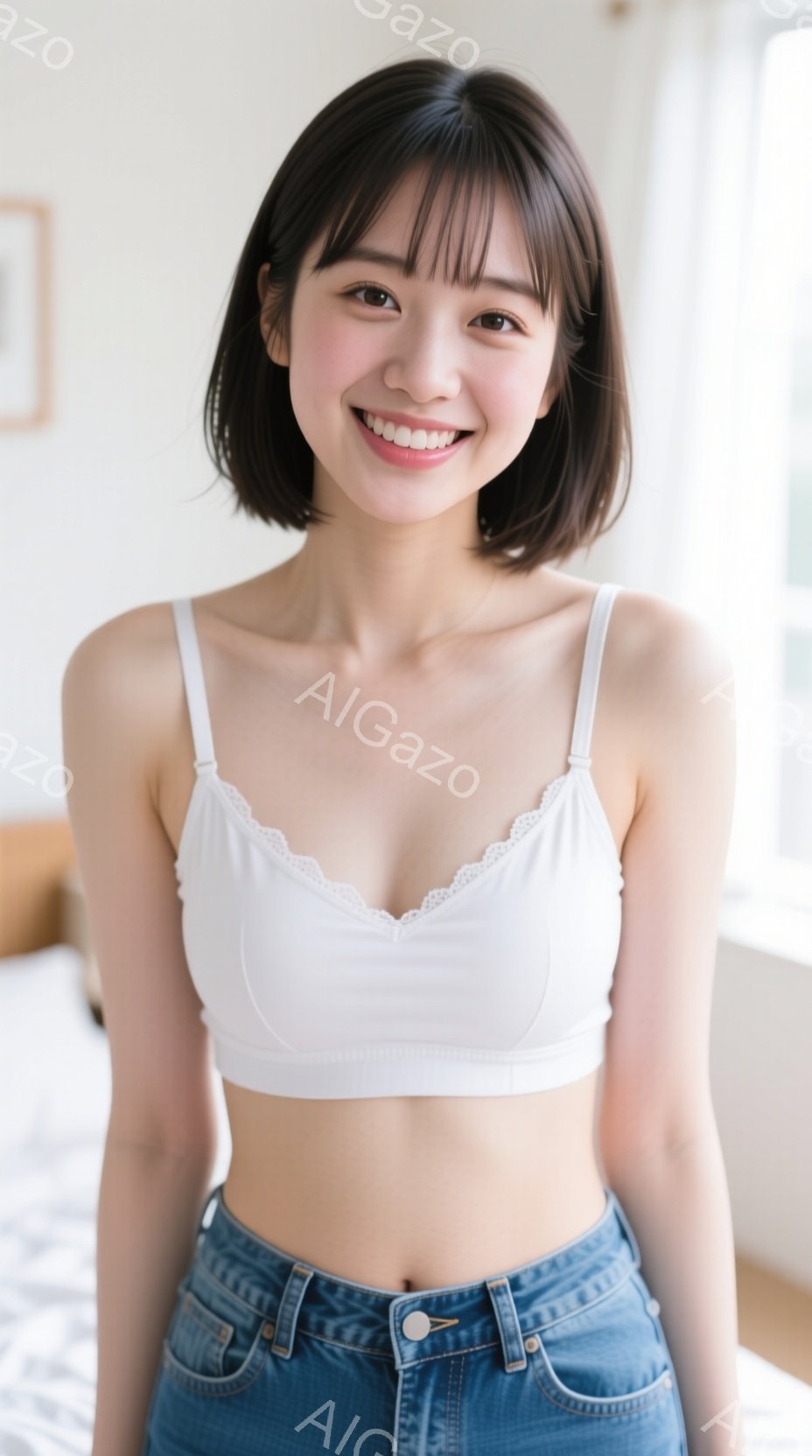 画像には、白いレースのキャミソールとデニムのジーンズを着た若い女性が写っています。彼女は微笑んでおり、髪は肩の長さで、前髪は目にかかるようにカットされています。背景はぼやけていますが、部屋の一部が見え - AI生成フリー素材