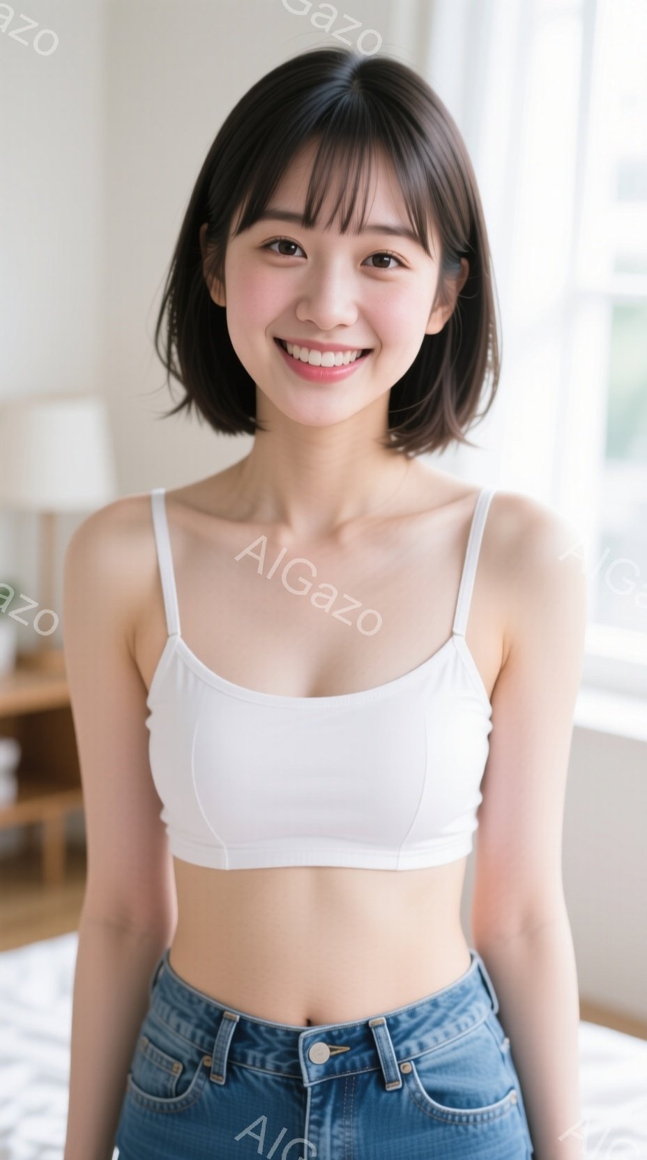 この女性は、白いタンクトップと、ハイウエストのデニムジーンズを着用し、笑顔で正面を向いています。彼女は肩までの長さのダークブラウンのヘアスタイルで、軽やかな印象を与えます。背景はぼやけていますが、部屋 - AI生成フリー素材