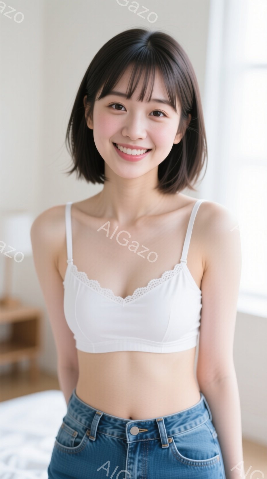 画像は、短い黒髪と前髪のある若い女性が写っています。彼女は白いレースのキャミソールとハイウエストのジーンズを身に着けており、微笑んでいます。背景には、ぼやけた家具とベッドがあり、室内は明るく清潔な雰囲 - AI生成フリー素材