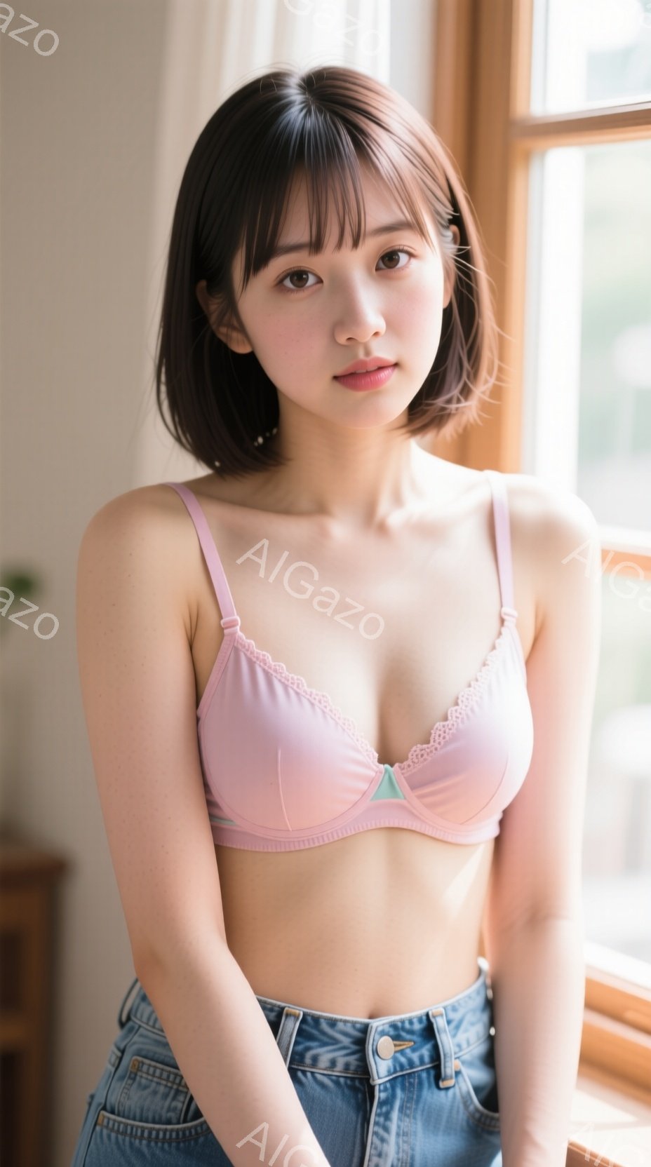 画像は、窓のそばに立つ若い女性を捉えています。彼女は水色のジーンズと、レースの縁取りが付いた薄いピンク色のブラレットを着ています。彼女は肩までの長さのダークブラウンの髪をしており、穏やかな表情でカメラ - AI生成フリー素材