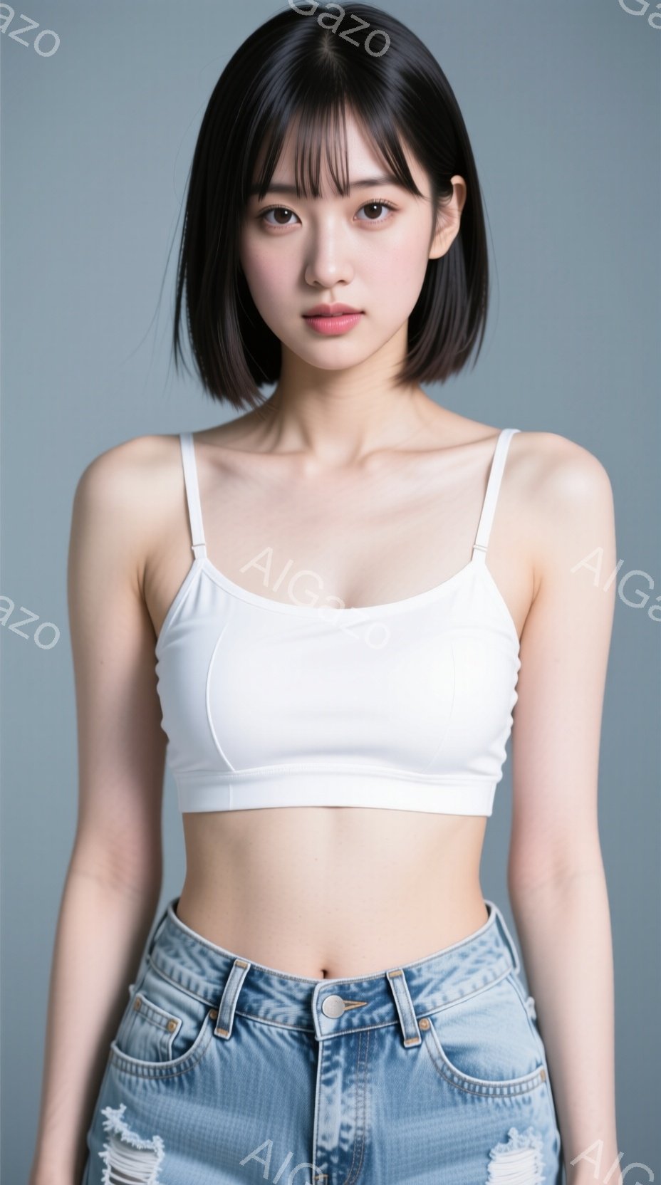 この女性は、白いタンクトップとダメージ加工のデニムパンツを着用し、正面を向いています。彼女は肩までの長さの黒髪で、穏やかな表情をしています。背景は単色の青色で、彼女に焦点が当たっています。