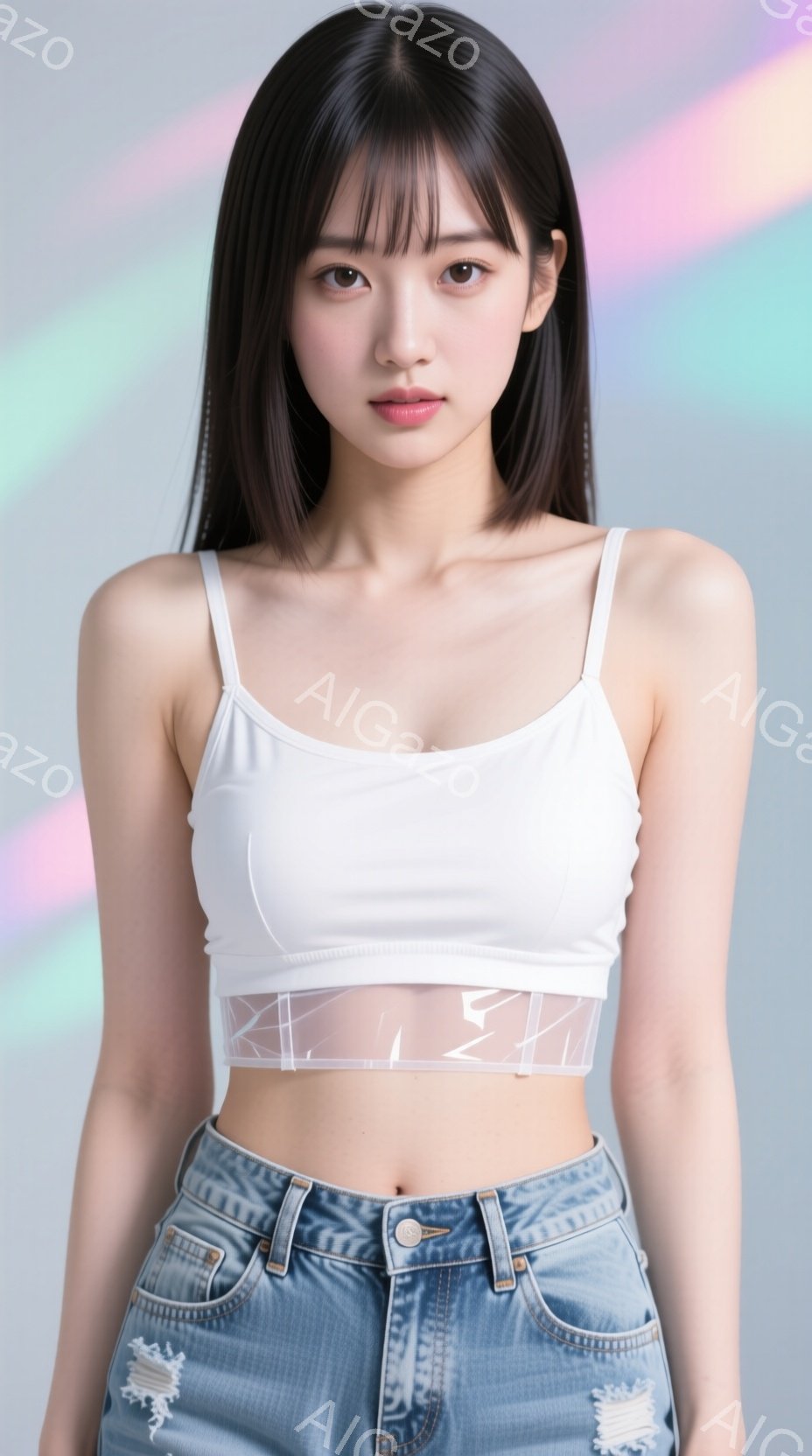画像は、白いタンクトップと破れたデニムのジーンズを着た若い女性を捉えています。彼女は肩までの黒髪で、表情は穏やかで、カメラの方をまっすぐ見つめています。背景は淡い虹色のグラデーションで、モデルのシンプ - AI生成フリー素材