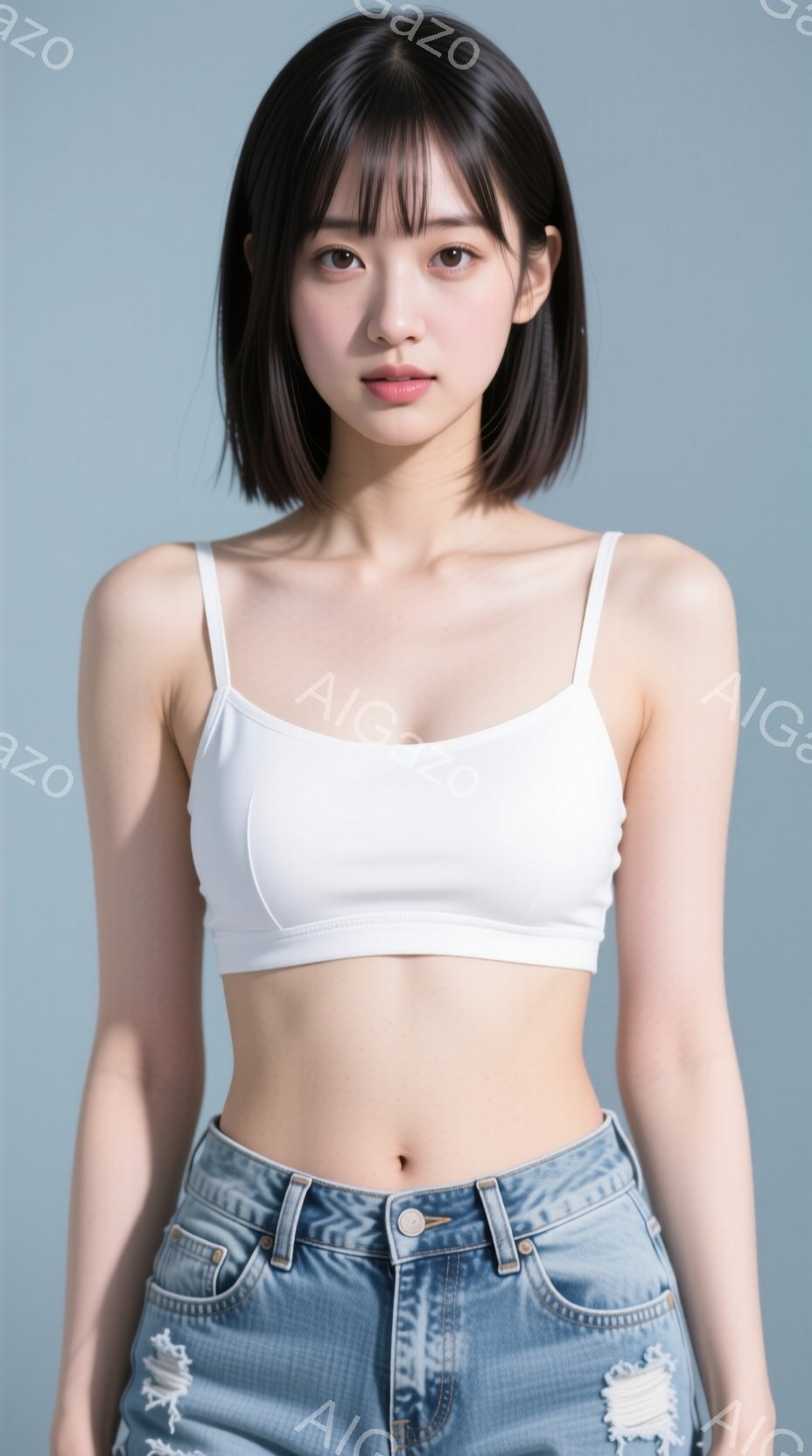 画像は、肩出しの白いタンクトップとダメージ加工のデニムパンツを着用した若い女性を捉えています。彼女はストレートで前髪のあるダークヘアで、落ち着いた表情をしています。背景は単色の青色で、女性に焦点が当てられています。