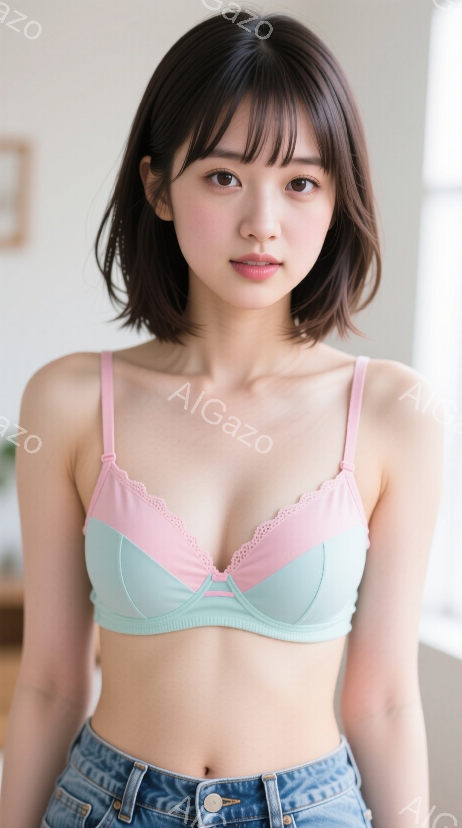 若い女性が、薄いピンクと水色のブラレットとデニムショートパンツを着用し、正面を向いています。彼女は肩までの長さの黒髪で、顔は穏やかで微笑んでいます。背景はぼやけた室内で、自然光が差し込んでいます。 - AI生成フリー素材