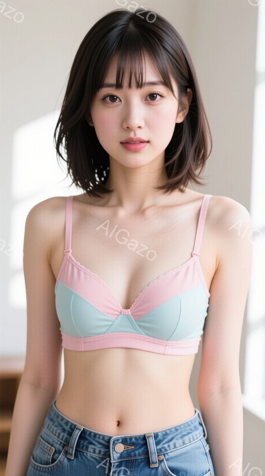 画像は、短い茶色の髪をした若い女性が写っており、前髪が目にかかっています。彼女は水色とピンクのブラレットと、ハイウエストのデニムジーンズを着用し、少し微笑んでいます。背景はぼやけていますが、室内で、お - AI生成フリー素材