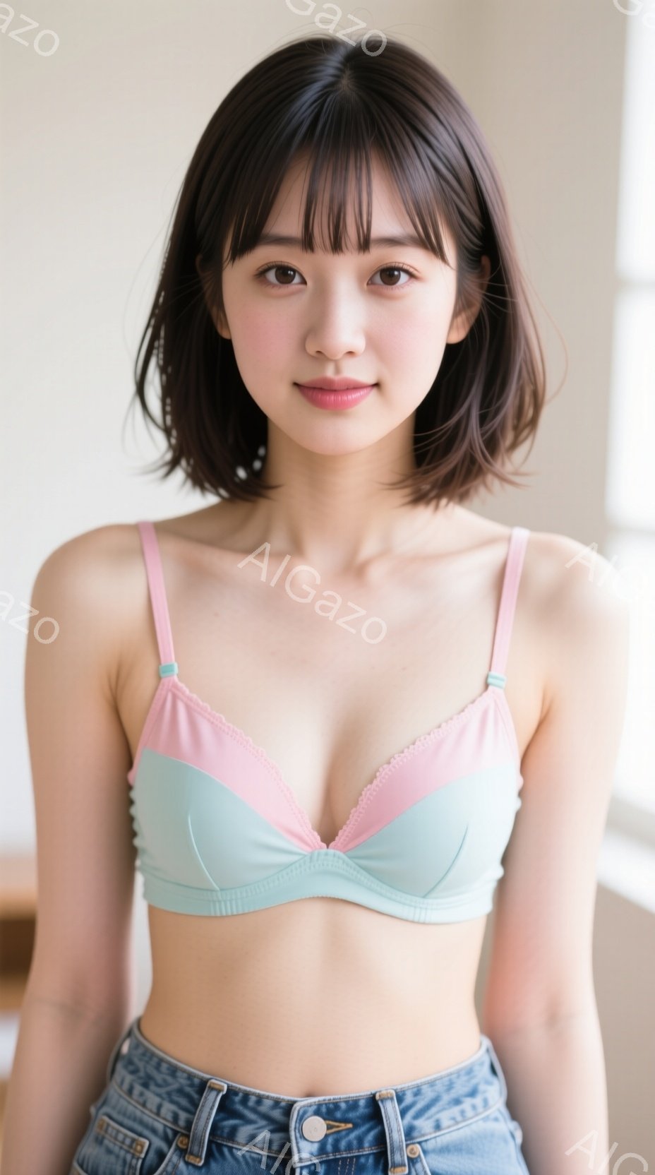 画像は、ピンクと水色のブラレットとデニムのショートパンツを着用した若い女性を捉えています。彼女は肩を出し、自然な笑顔でカメラを見つめており、黒髪のショートヘアが特徴的です。背景はぼやけており、室内であ - AI生成フリー素材