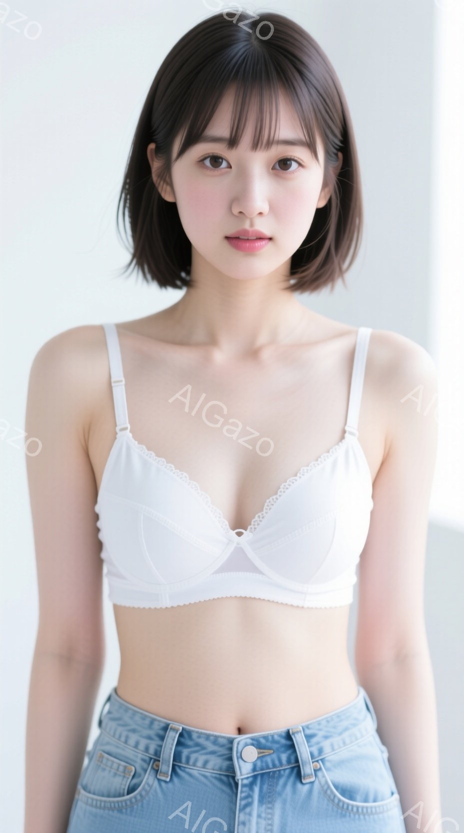 モデルは白いレースのブラと、ハイウエストのデニムジーンズを着用しています。彼女はストレートで肩にかかる程度の長さの黒髪で、少し微笑んだ表情をしています。背景は白く、人物が際立っており、全体的に清潔でシ - AI生成フリー素材