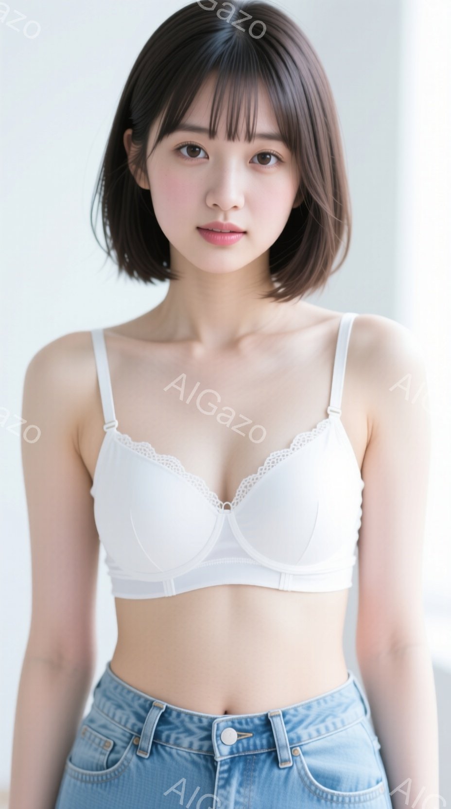 画像には、白いレースのブラレットとデニムのジーンズを着用した若い女性が写っています。彼女は肩までの長さのダークブラウンのヘアスタイルで、控えめな笑顔を浮かべています。背景は白く、人物に焦点が当てられて - AI生成フリー素材