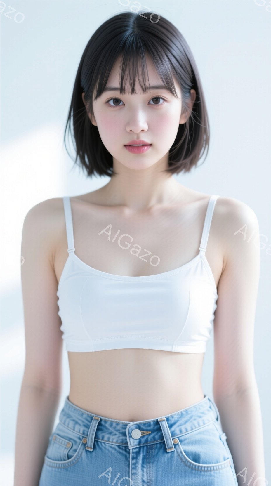 画像は、短いボブヘアで、前髪が眉毛にかかる若い女性を写しています。彼女は白いキャミソールと、ハイウエストのデニムジーンズを身につけ、正面をまっすぐ見て、やや微笑んでいます。背景は白く、ミニマルで、女性 - AI生成フリー素材