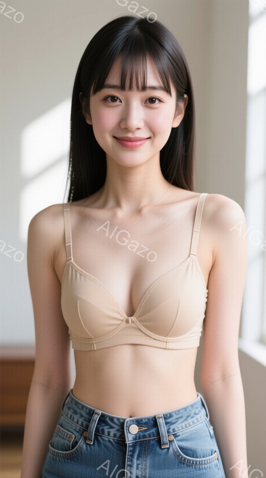 画像は、ベージュ色のブラレットとデニムのジーンズを着用した若い女性を正面から捉えています。彼女は肩までの長さの黒髪で、穏やかな笑顔を浮かべています。背景はぼやけていますが、窓と家具の一部が見え、室内で - AI生成フリー素材