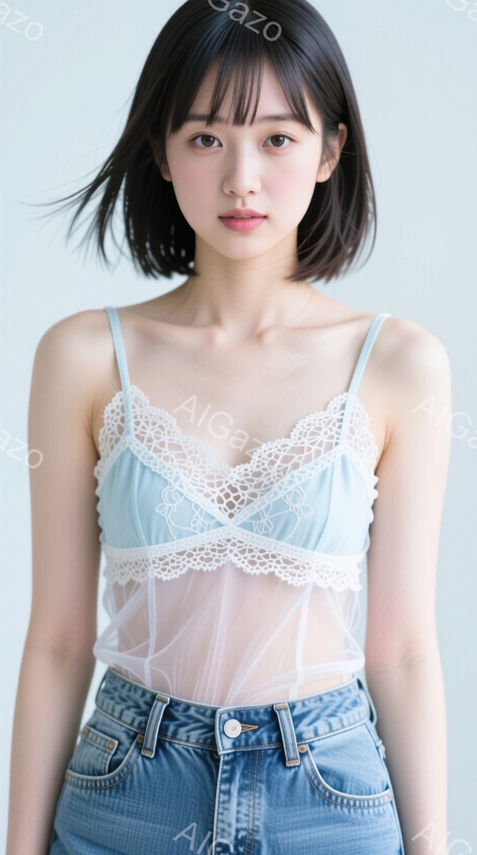 画像には、短い黒髪の女性が写っています。彼女はレースのトリムが施された水色のキャミソールと、ハイウエストのデニムジーンズを着用しており、リラックスした姿勢で正面を向いています。背景は白く、モデルに焦点 - AI生成フリー素材