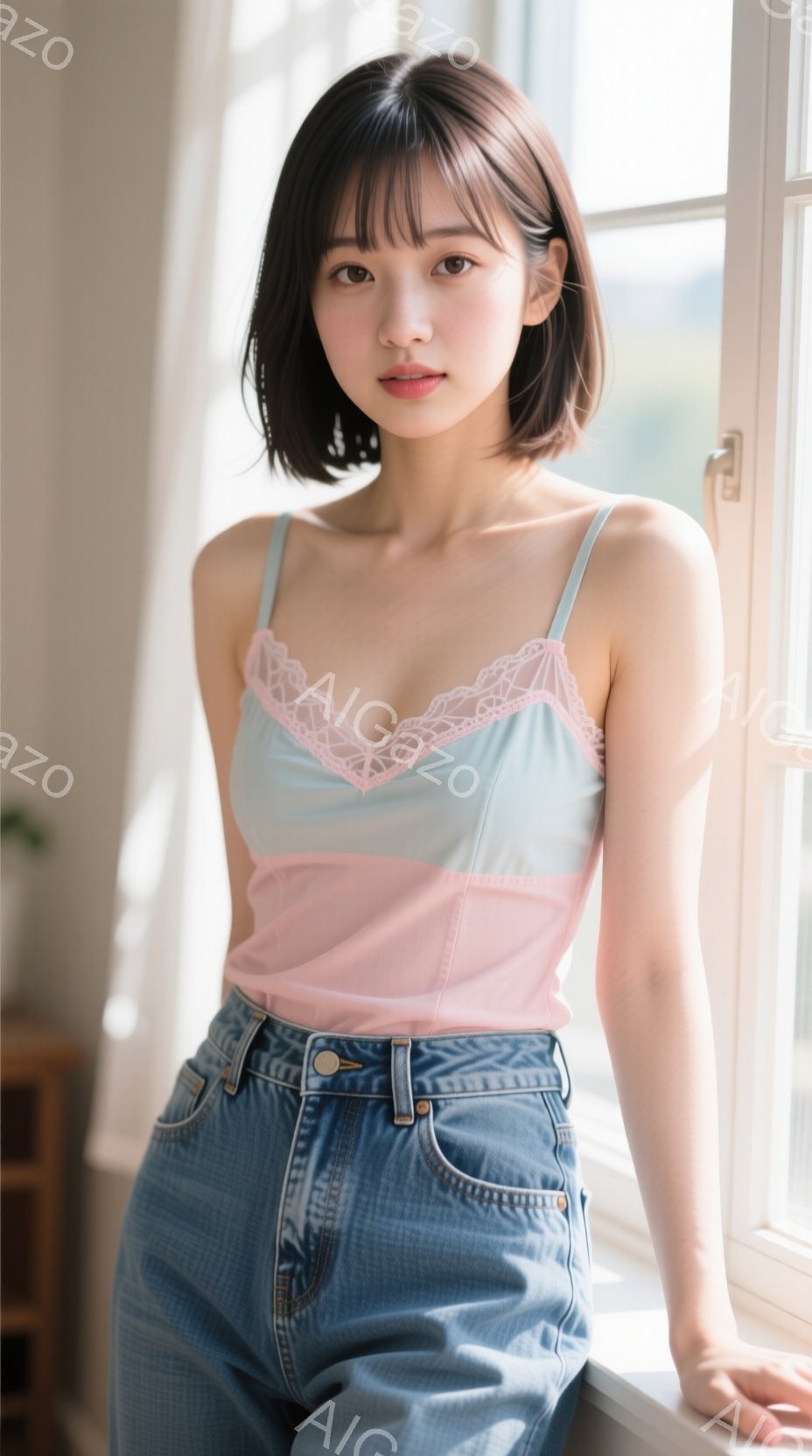 画像は、窓際に立つ若い女性を捉えています。彼女は、ピンクと水色のキャミソールと、ハイウエストのデニムジーンズを着用しており、髪は短く、顔の周りにカールがかかっています。彼女はリラックスした表情で、わず - AI生成フリー素材