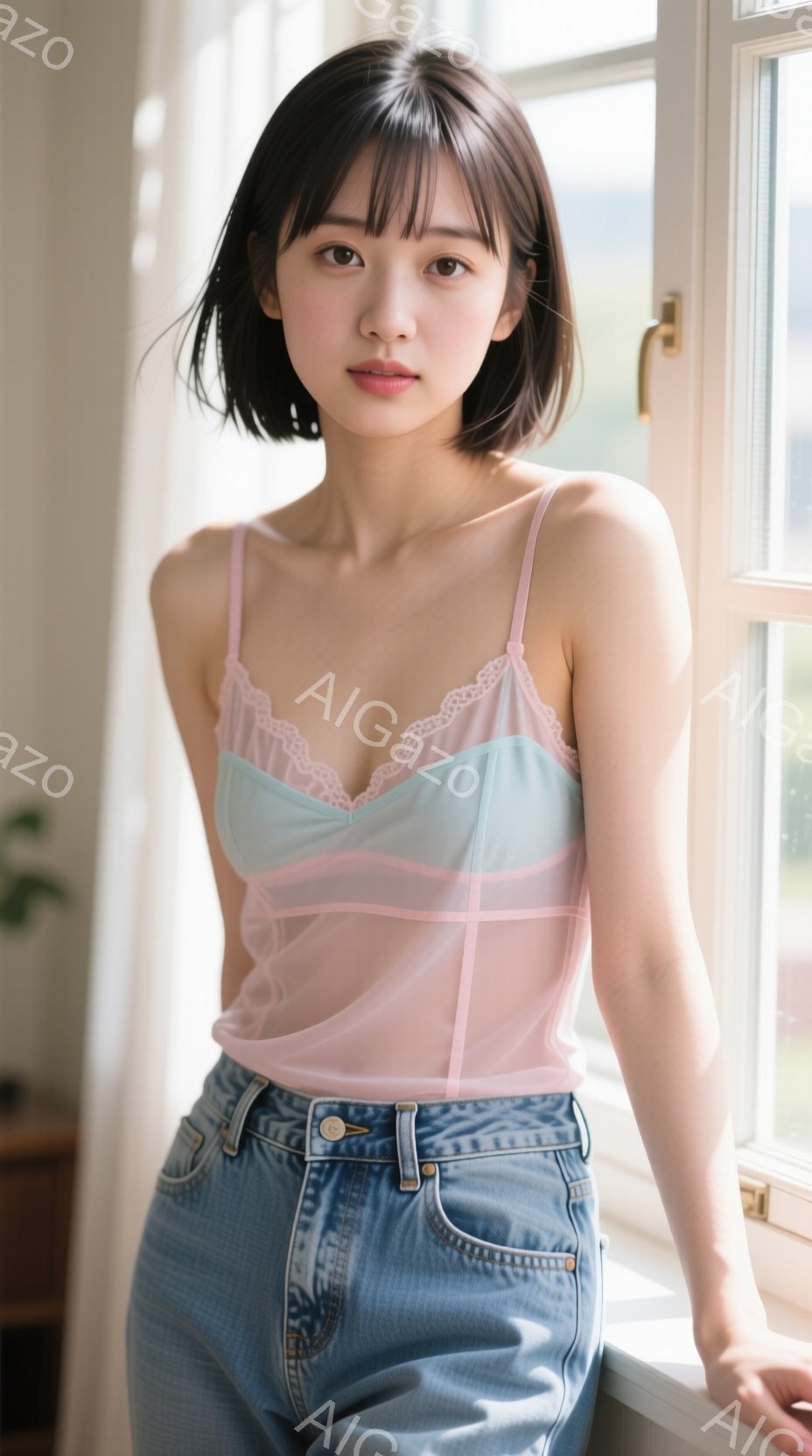 若い女性が窓辺に立っており、淡いピンクと水色のメッシュトップスに、ハイウエストのデニムジーンズを着用しています。彼女は肩までの長さの黒髪で、前髪が少しカールしています。表情は穏やかで、わずかに微笑んで - AI生成フリー素材