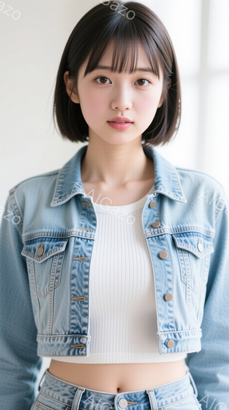 ショートヘアの女性が写っており、明るいブルーのクロップドデニムジャケットと白いリブニットのトップスを着用しています。彼女はまっすぐな姿勢でカメラを見つめ、穏やかでわずかに微笑んだ表情をしています。背景 - AI生成フリー素材