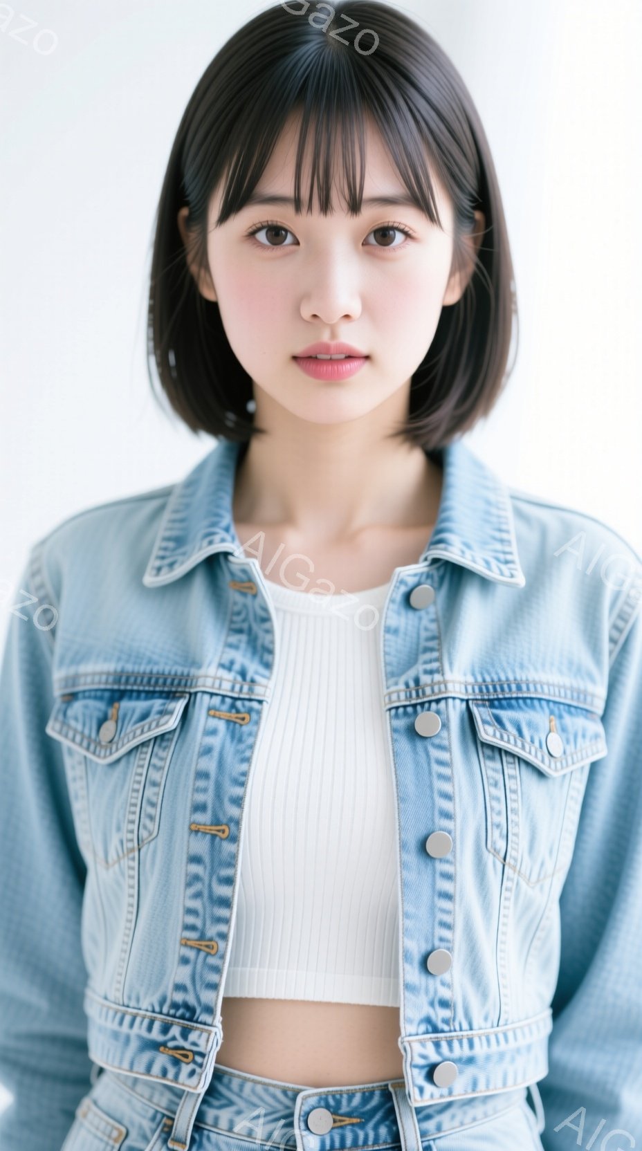 この女性は、明るい色のデニムジャケットと白いクロップド丈のトップスを着ています。髪は肩にかかるくらいの長さで、前髪が目にかかるようにカットされています。表情は穏やかで、少し微笑んでいます。