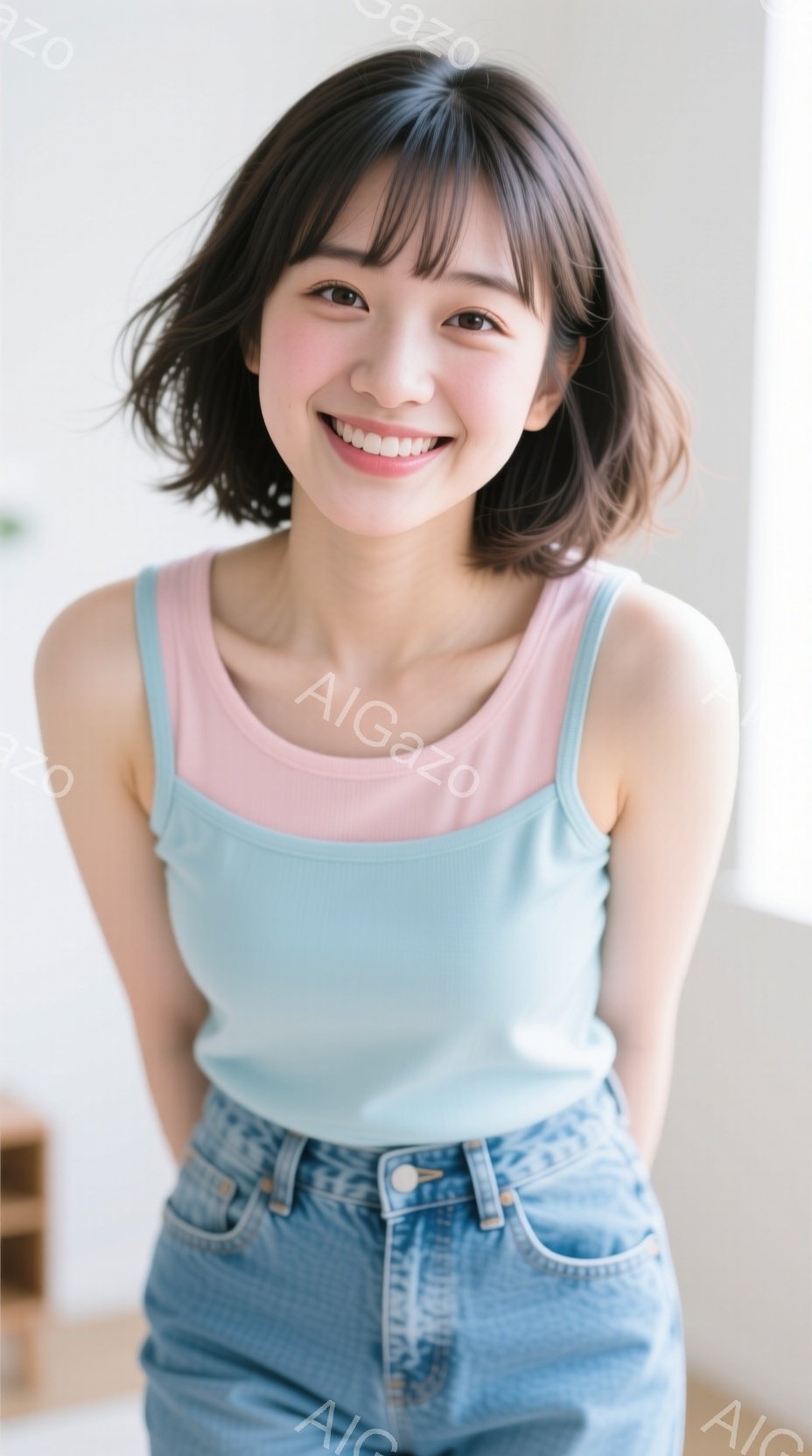 若い女性が、ピンクと水色のタンクトップと、水色のデニムパンツを着用して立っています。彼女は微笑んでおり、髪は肩までの長さで、前髪が目にかかっています。背景はぼやけており、室内であることがわかります。 - AI生成フリー素材