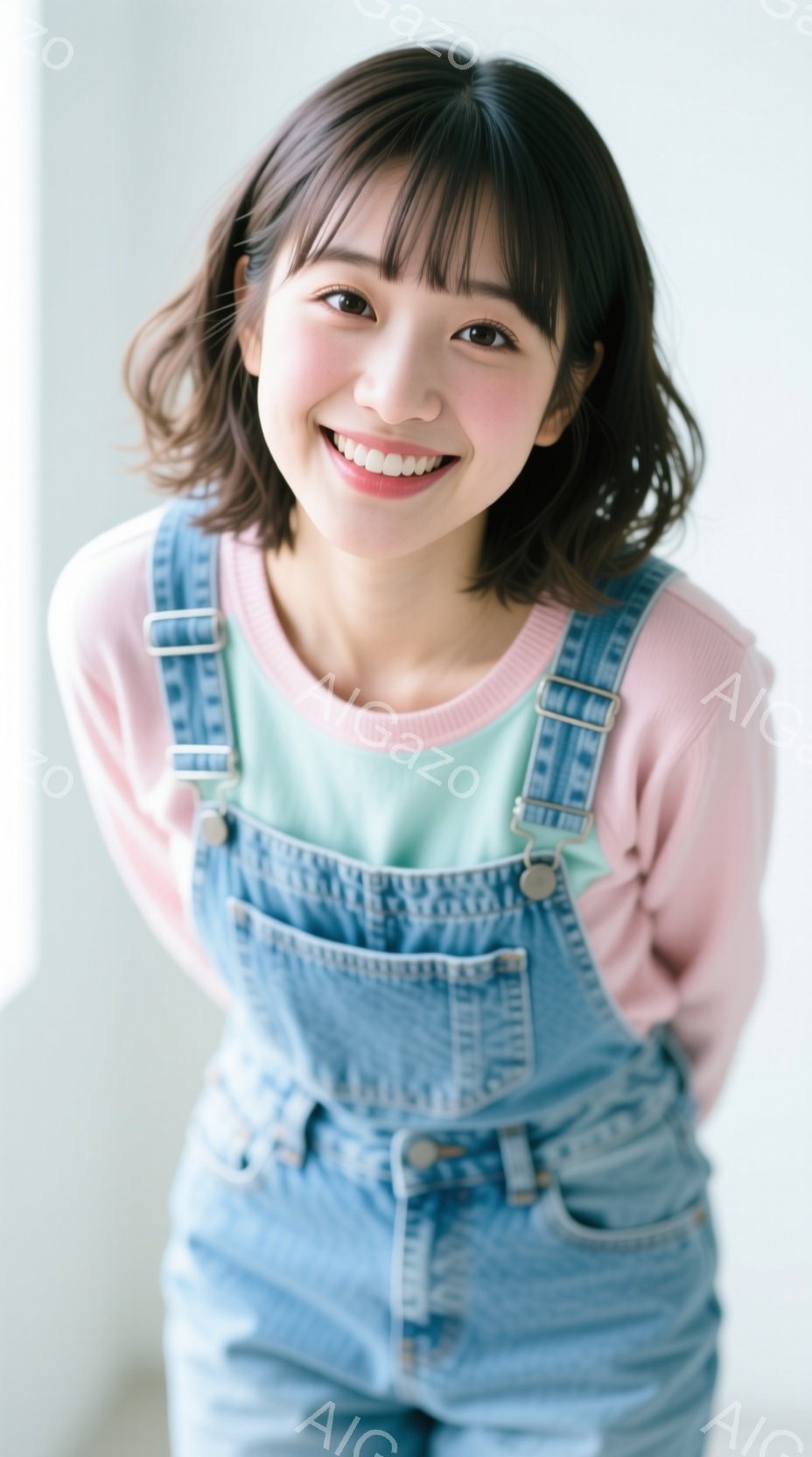 この女性は、水色のオーバーオールに、ピンクと白のストライプのセーターを着ています。彼女は微笑んでおり、髪は肩までの長さで、少しカールしています。背景は白く、明るい雰囲気で、彼女が正面を向いて立っている - AI生成フリー素材