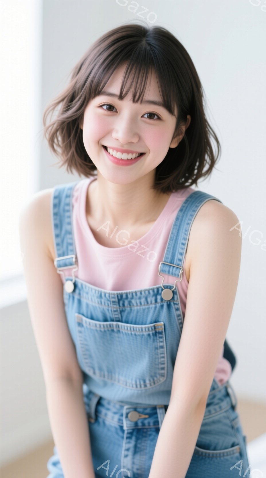 この女性は、薄いピンク色のタンクトップに、水色のオーバーオール姿で、明るい笑顔を浮かべています。肩までの長さの髪は少しカールしており、前髪は眉毛にかかるようにカットされています。背景は白く、室内である - AI生成フリー素材