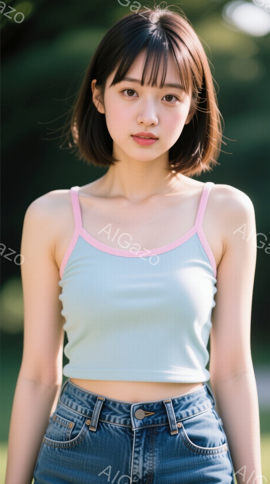 若い女性が写っており、水色のタンクトップとデニムのジーンズを着用しています。彼女は肩までの長さのダークブラウンのヘアスタイルで、少し微笑んでいます。背景には緑豊かな自然があり、晴れた日の穏やかな雰囲気 - AI生成フリー素材