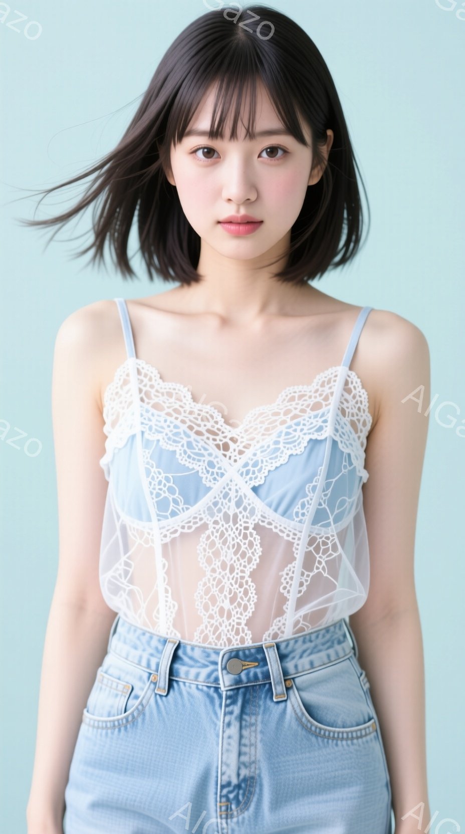 画像は、肩出しの白いレースのトップスと水色のキャミソール、そして明るい色のデニムパンツを身につけた若い女性が写っています。彼女は黒髪で前髪が少し長め、穏やかな表情を浮かべてカメラを見ています。背景は淡 - AI生成フリー素材