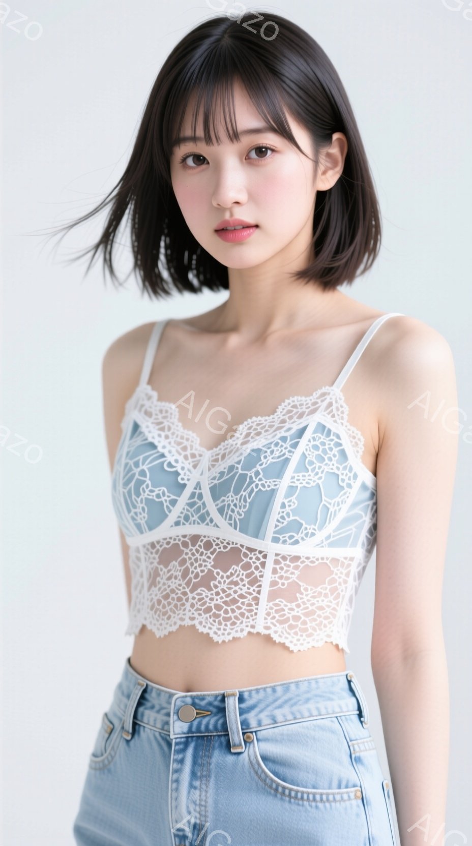 画像は、白いレースのブラレットと、ハイウエストのデニムジーンズを着用した若い女性を捉えています。彼女は肩までの長さのダークブラウンのヘアスタイルで、顔は穏やかで少し微笑んでいます。背景は白く、女性が主 - AI生成フリー素材