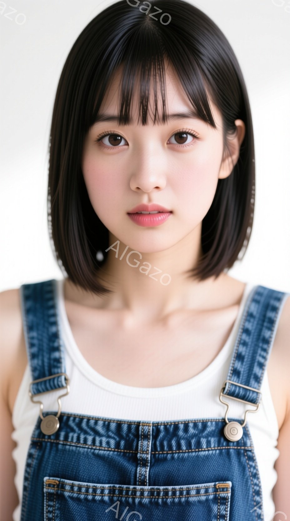 この女性は、白いタンクトップにデニムのオーバーオールを着て、肩まで届く長さの黒髪をしています。彼女はカメラに向かって穏やかな表情で微笑み、わずかに首を傾けています。背景は白く、人物に焦点が当てられてい - AI生成フリー素材