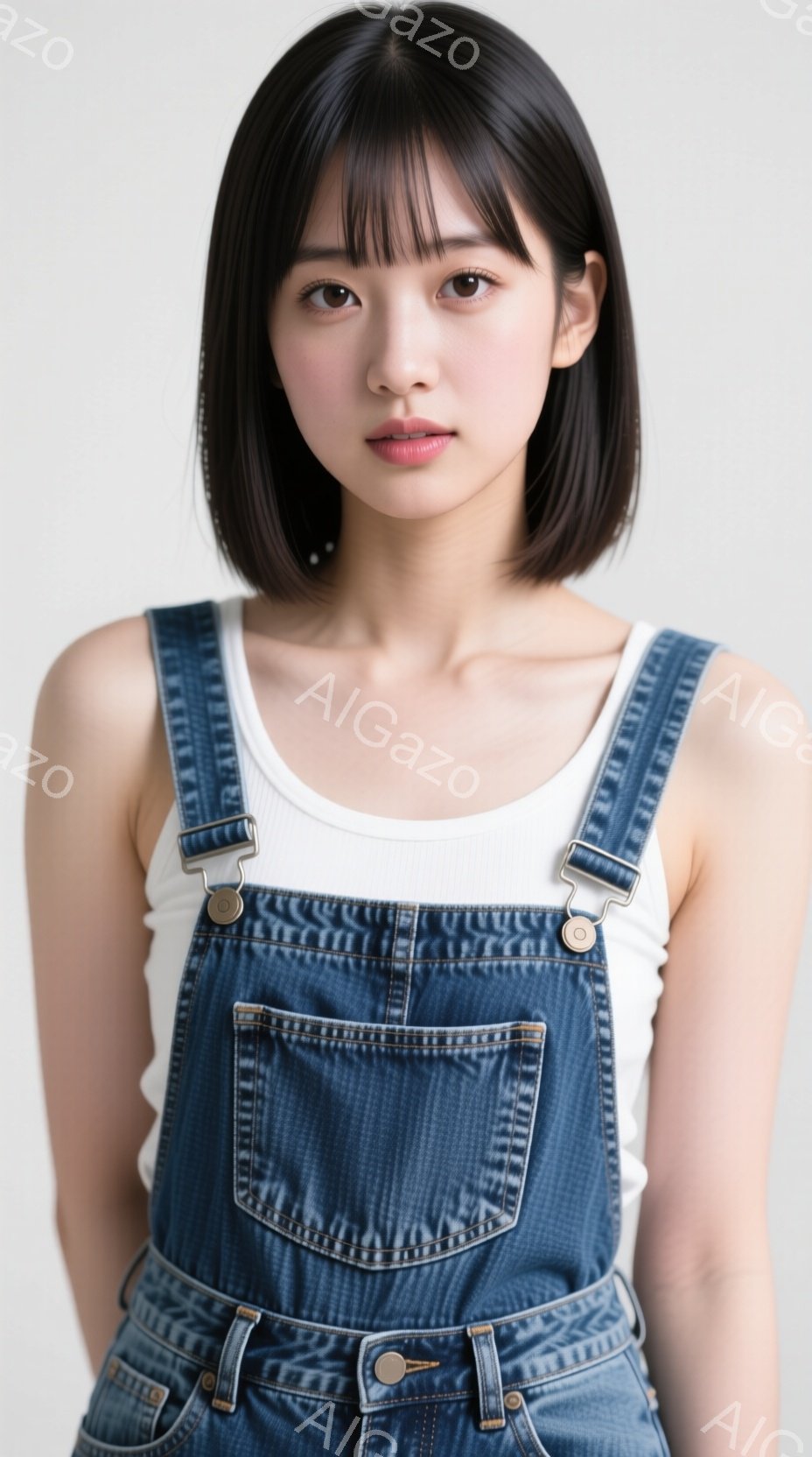 画像は、明るい色調のデニムオーバーオールと白いタンクトップを着た若い女性を捉えています。彼女は肩までの長さの黒髪で、前髪は眉毛にかかるようにカットされています。表情は穏やかで、視線はカメラに向けられて - AI生成フリー素材