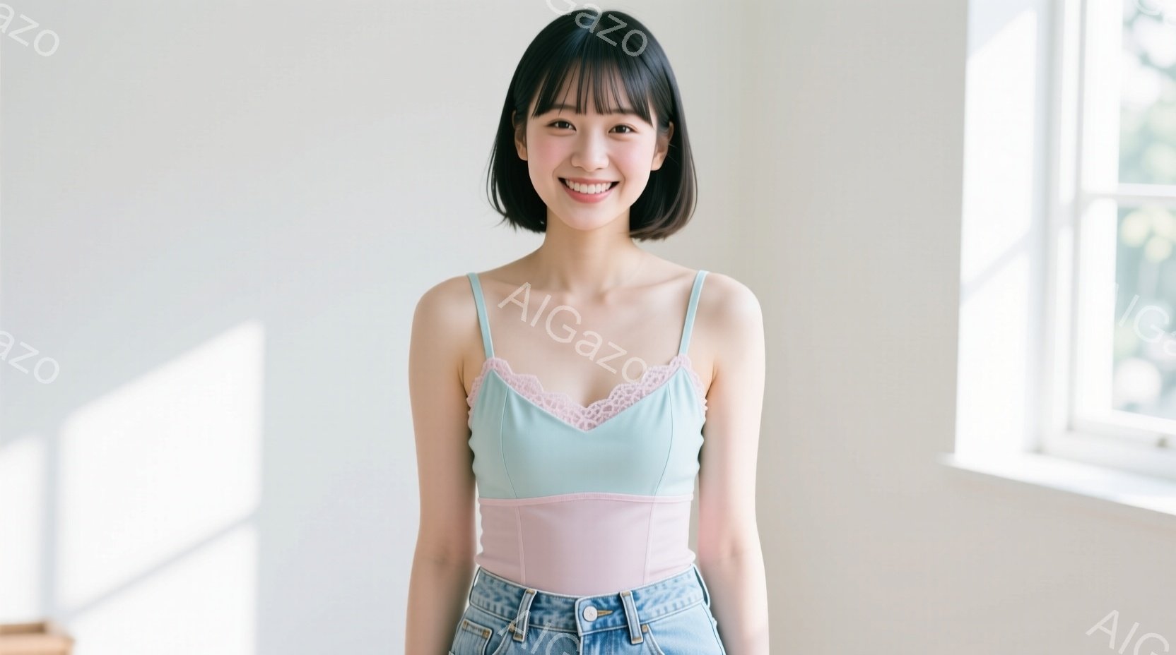若い女性が微笑みながら立っている。彼女は、パステルブルーとピンクのコントラストが美しいキャミソールと、明るい色のデニムのジーンズを着用している。背景は窓があり、柔らかい自然光が差し込み、全体的に明るく - AI生成フリー素材