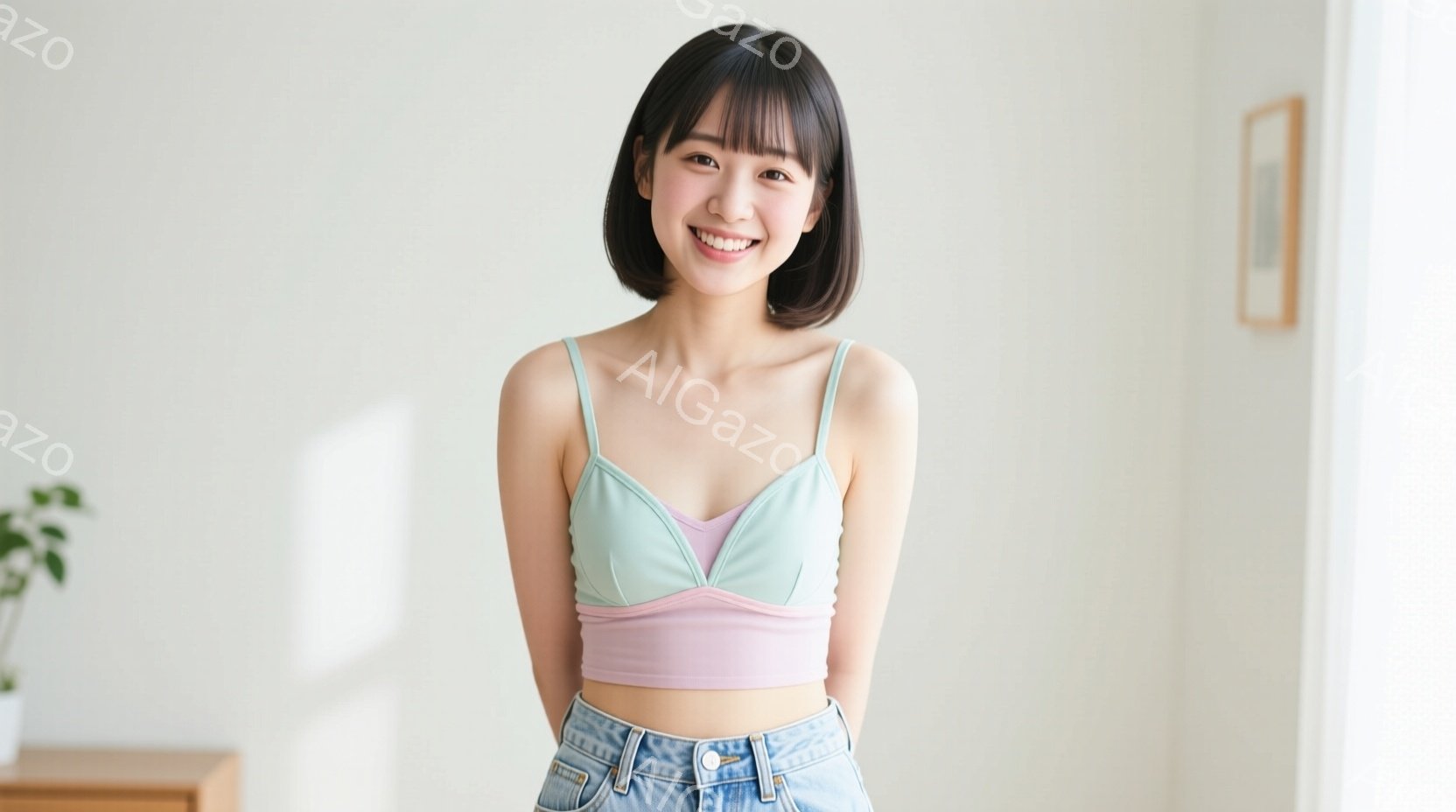 明るい室内で、短い髪の女性が微笑んでいます。彼女はパステルグリーンのキャミソールに薄いピンクのタンクトップを重ね着し、ハイウエストのデニムパンツを着用しています。背景には木製の棚と抽象的な絵画が見え、 - AI生成フリー素材