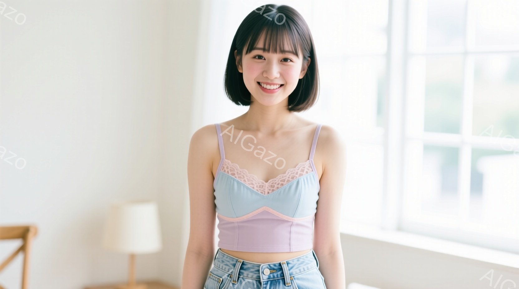 若い女性が、明るい室内で正面を向いて立っている。彼女は、淡い紫色のキャミソールと、水色のジーンズを着用しており、短いボブヘアで、微笑んでいる。背景には、窓とテーブルランプが見え、全体的に明るく、リラッ - AI生成フリー素材