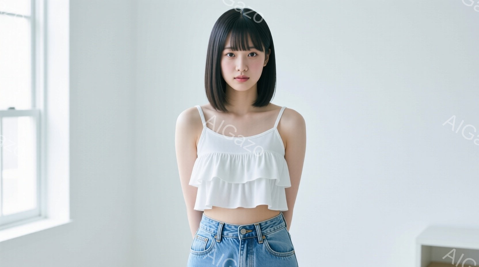 画像は、肩出しの白いフリルブラウスと、ハイウエストのデニムジーンズを着用した若い女性が写っています。彼女はまっすぐ前を向き、表情は穏やかで、肩までの長さの黒髪はストレートです。背景は白くシンプルな壁で、自然光が差し込み、全体的に清潔で明るい雰囲気です。
