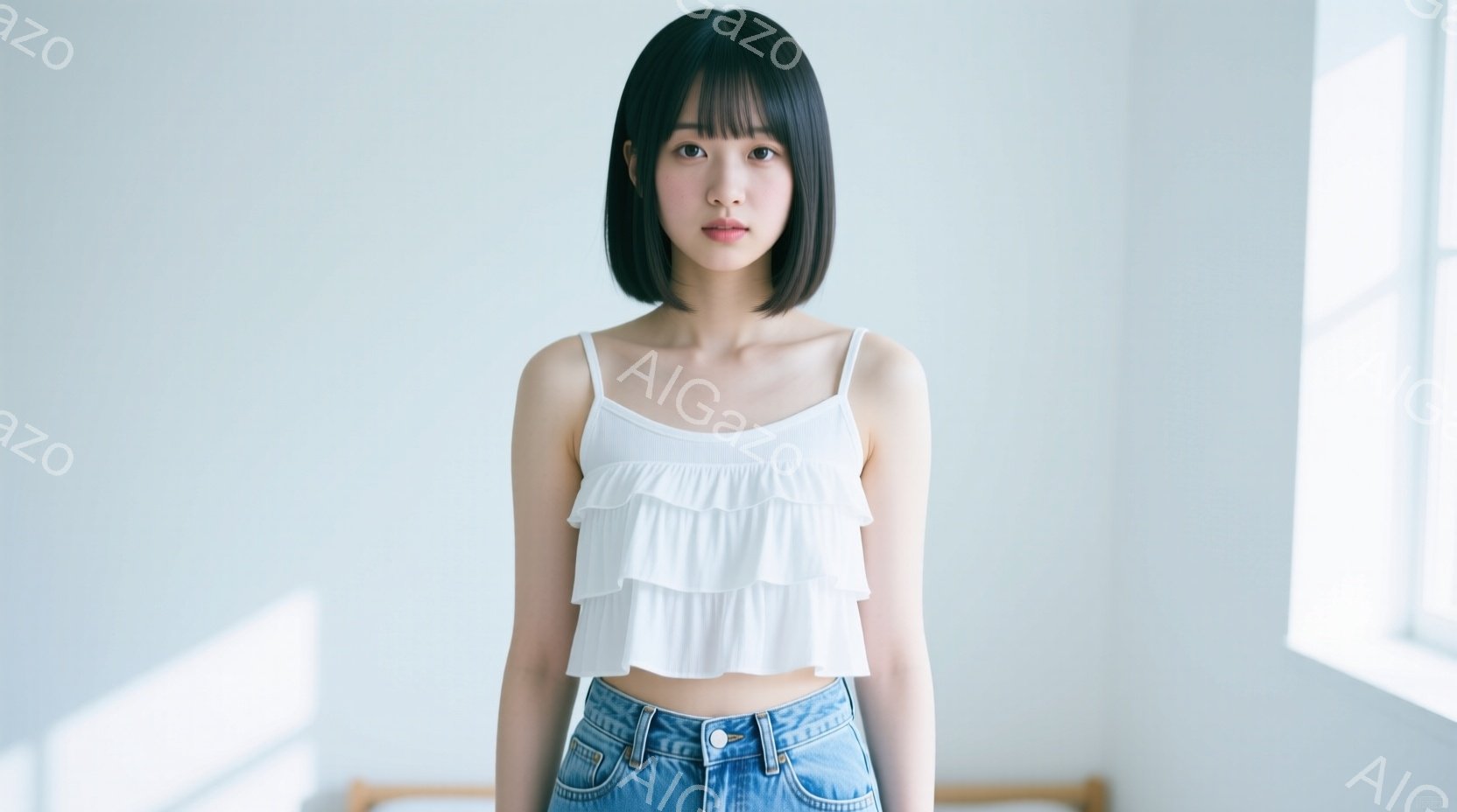 画像は、肩出しの白いフリルブラウスとデニムのジーンズを着た若い女性を正面から捉えています。彼女はストレートで前髪のある黒髪で、表情は穏やかで少し物憂げです。背景は白くシンプルな壁で、窓から差し込む光が - AI生成フリー素材