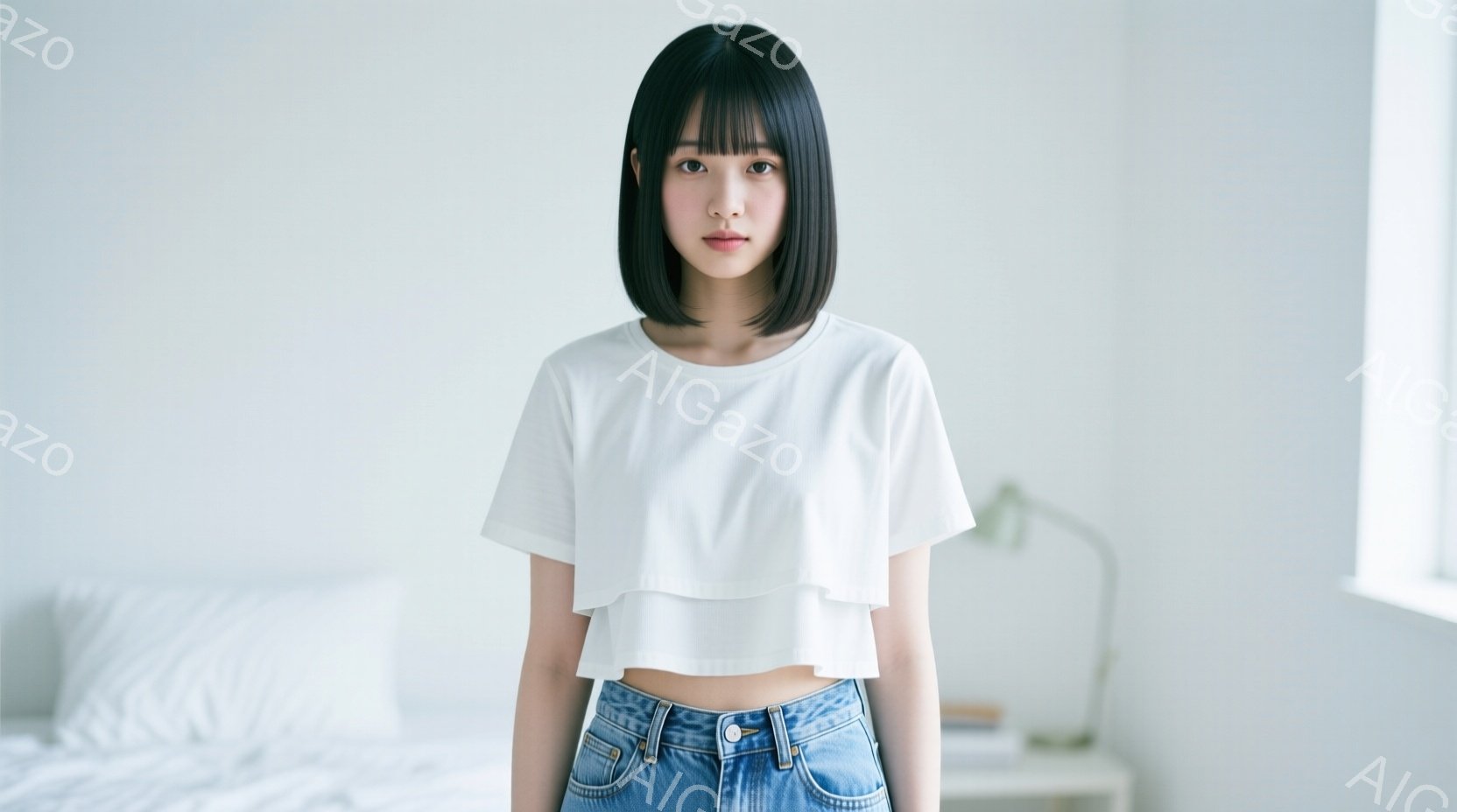 黒髪のボブヘアで、前髪が目の上まで伸びた若い女性が写っている。白いクロップド丈のTシャツと、ハイウエストのジーンズを着用しており、やや無表情で正面を見つめている。背景は白を基調とした室内で、ベッドや小 - AI生成フリー素材