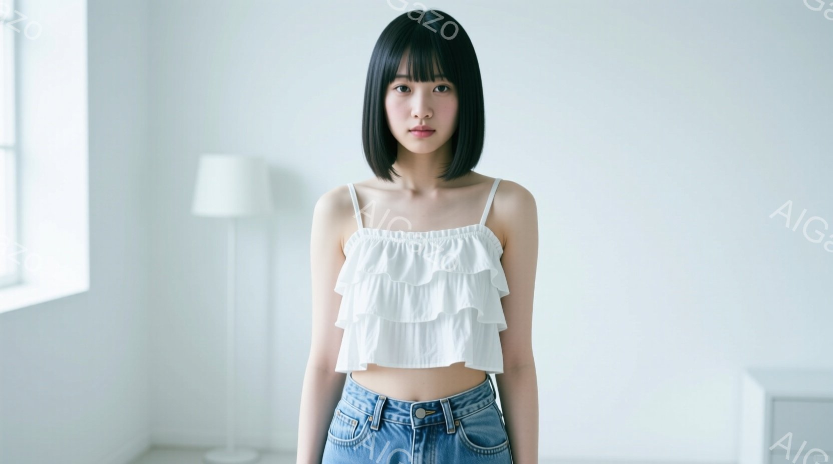 画像は、肩出しの白いフリルブラウスと、ハイウエストのデニムジーンズを身につけた若い女性が写っています。彼女はストレートで前髪のある黒髪で、表情は穏やかで、カメラを見つめています。背景は白い壁と窓があり - AI生成フリー素材