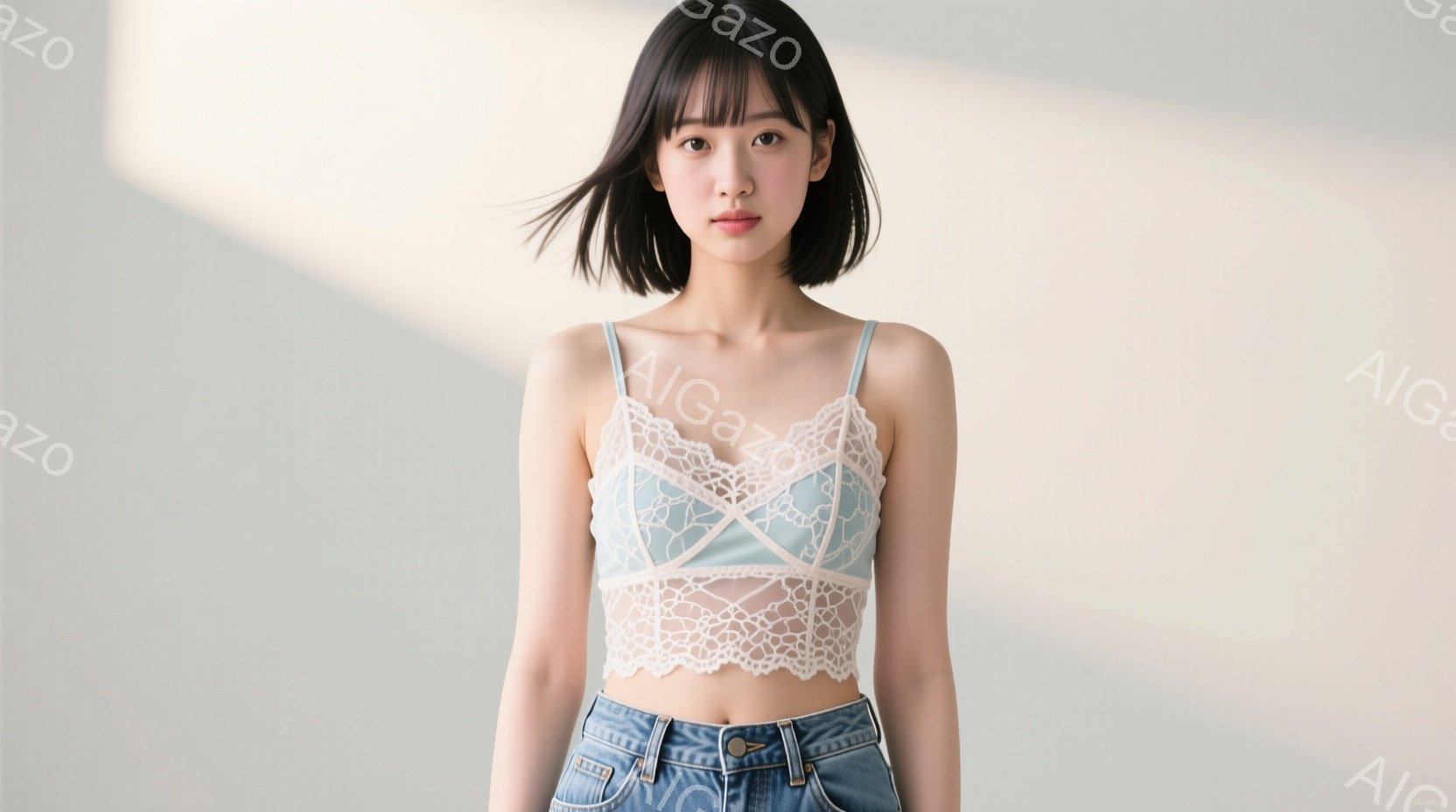 画像には、肩出しのレーストップスとハイウエストジーンズを着用した若い女性が写っています。彼女は黒髪のショートボブヘアで、穏やかな表情を浮かべて正面を見つめています。背景は淡いクリーム色で、影が薄く入っ - AI生成フリー素材