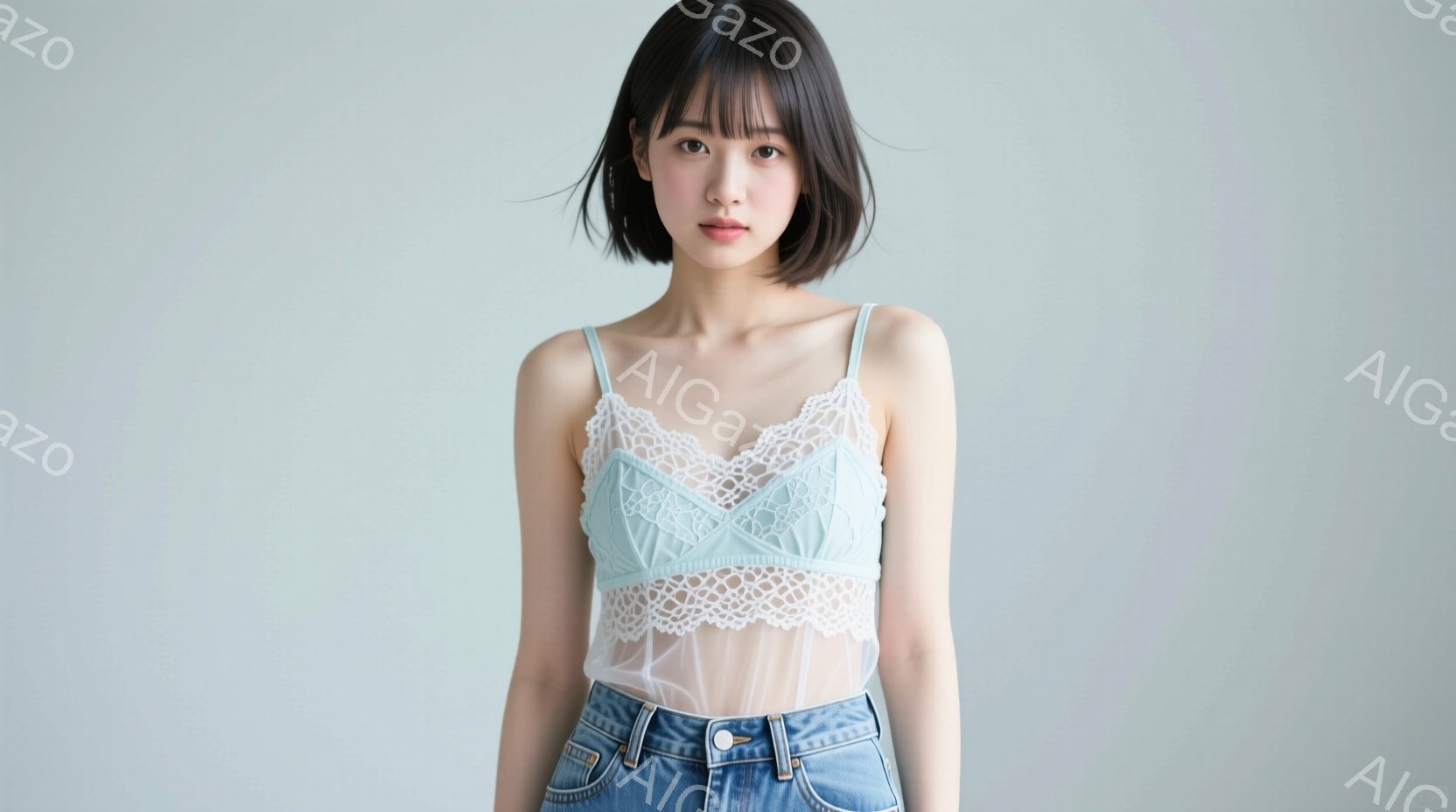 若い女性が、レースのキャミソールとデニムのジーンズを着て立っています。彼女は肩までの長さのダークブラウンのヘアスタイルで、前髪が目にかかっています。表情は穏やかで、背景は単調なオフホワイト色です。 - AI生成フリー素材