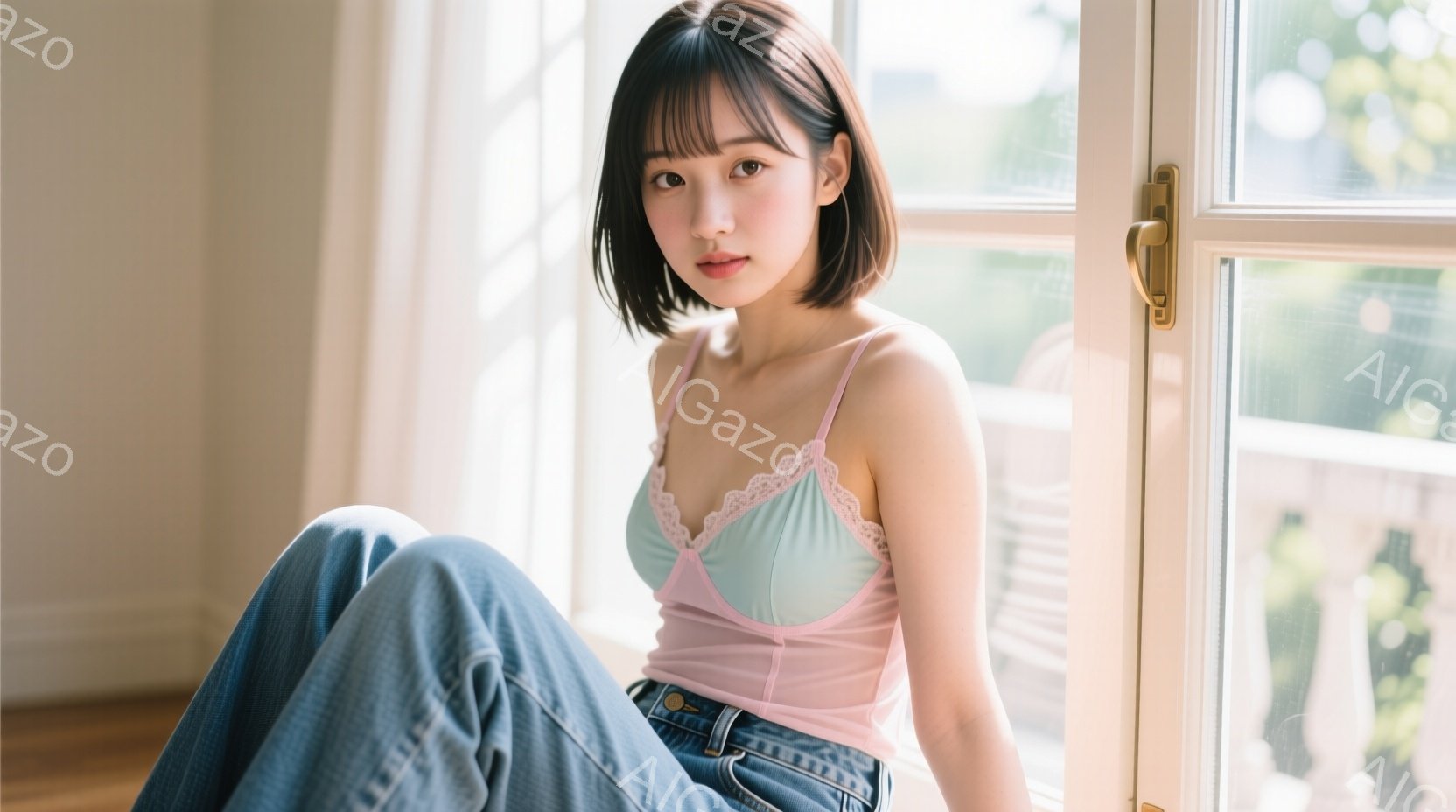 窓辺に座る若い女性は、淡いピンク色のキャミソールとデニムパンツを身に着けています。彼女は短いボブヘアで、控えめな笑顔を浮かべており、リラックスした姿勢で足を組んでいます。背景には窓の外の明るい自然光と - AI生成フリー素材