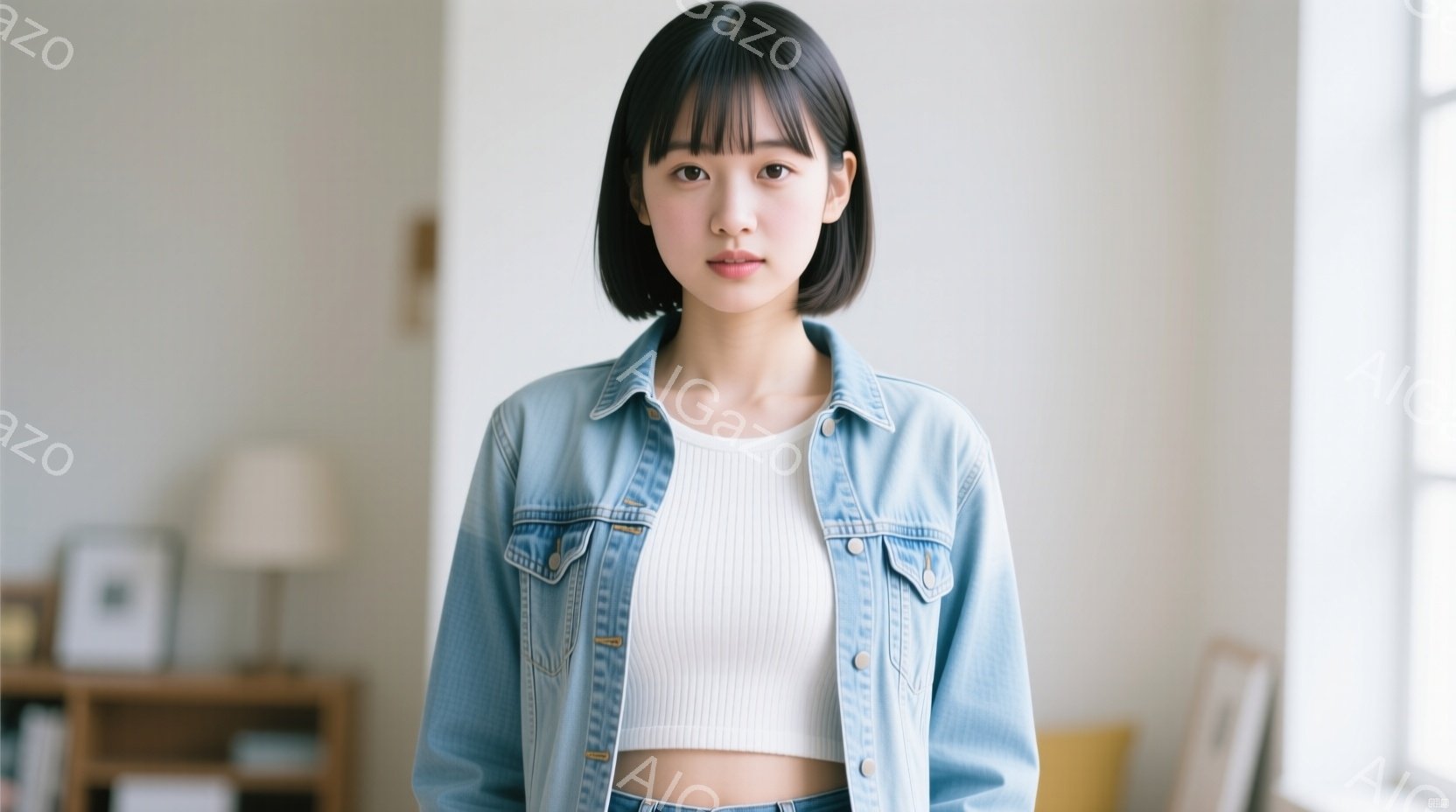 短い黒髪で前髪が眉毛にかかる女性が正面を向いています。白いリブニットにデニムジャケットを羽織り、表情は穏やかで少し微笑んでいます。背景には木製の棚や絵画が見え、室内で撮影された、暖かく落ち着いた雰囲気 - AI生成フリー素材