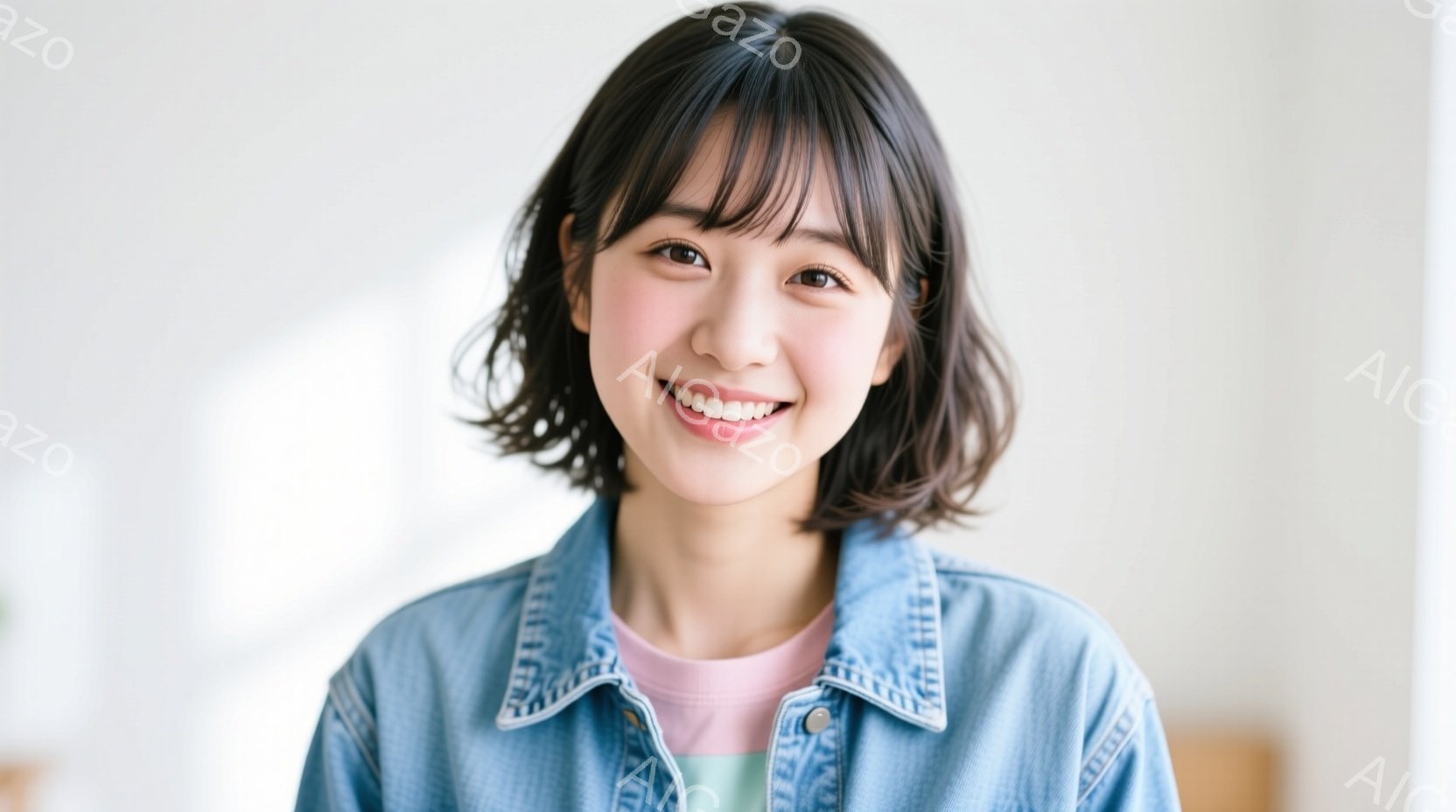 若い女性が正面を向いて微笑んでいます。彼女は、ピンク色のTシャツの上にデニムジャケットを羽織っており、肩までの長さの黒髪をしています。背景はぼやけていますが、室内であることがわかります。 - AI生成フリー素材