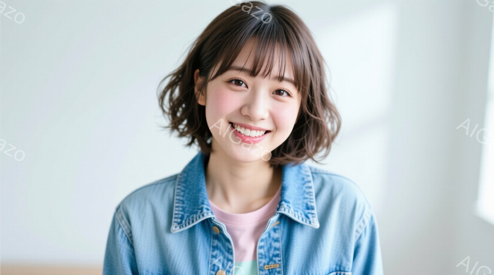 若い女性が正面を向いて微笑んでいます。彼女はピンク色のTシャツの上に、水色のデニムジャケットを着ており、前髪のある茶色の髪が肩にかかっています。背景はぼやけていますが、室内であることはわかります。 - AI生成フリー素材