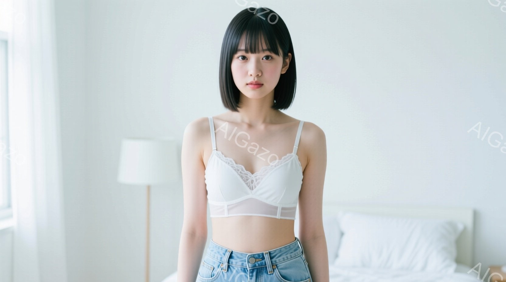 短い黒髪の女性が、白いレースのブラトップと、ややハイウエストのデニムジーンズを身に着けて立っています。彼女は正面を向き、穏やかな表情で、リラックスした姿勢です。背景には白いベッドとランプがあり、全体的 - AI生成フリー素材