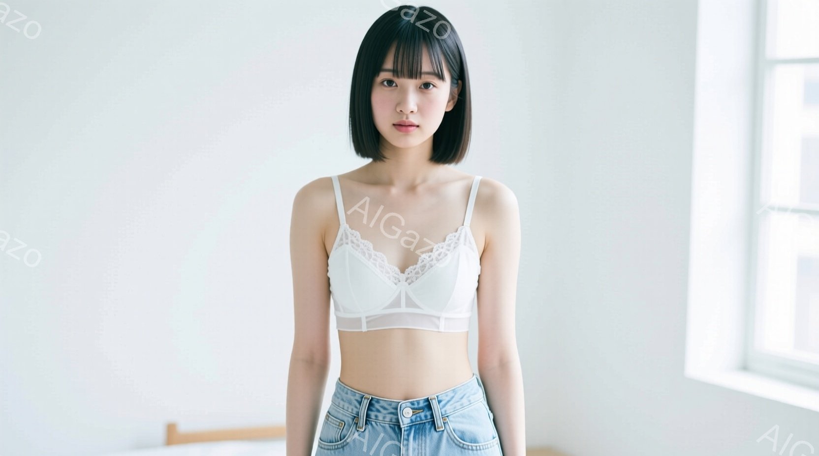 短い黒髪の女性が、白いレースのブラとデニムのジーンズを着用して正面を向いています。彼女は少し微笑んでおり、リラックスした姿勢で立っています。背景は白い壁と窓で構成されており、全体的にシンプルでクリーン - AI生成フリー素材